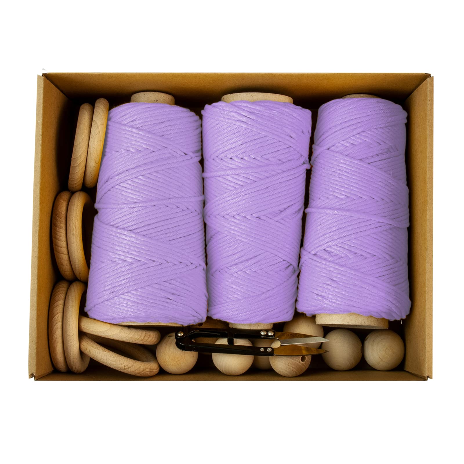 Lot de 3 fils de macramé de qualité supérieure - 3 x 100 m - 3 mm - Violet clair - 100 % coton - Cordon en coton naturel - Décoration DIY - Kit de ficelle de macramé - Boho - Anneaux de