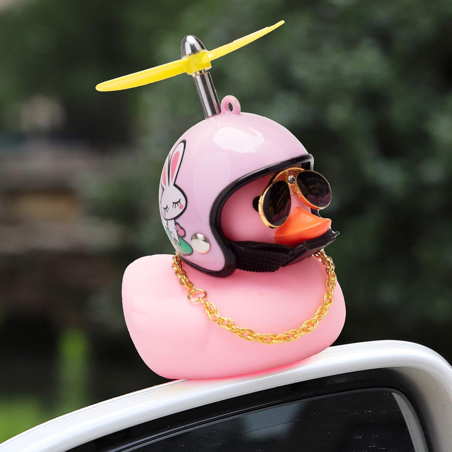 wonuu Pink Duck Car Dashboard Decorations Rubber Duck Car Ornaments Cool Duck with Propeller Helmet Sunglasses Gold Chain