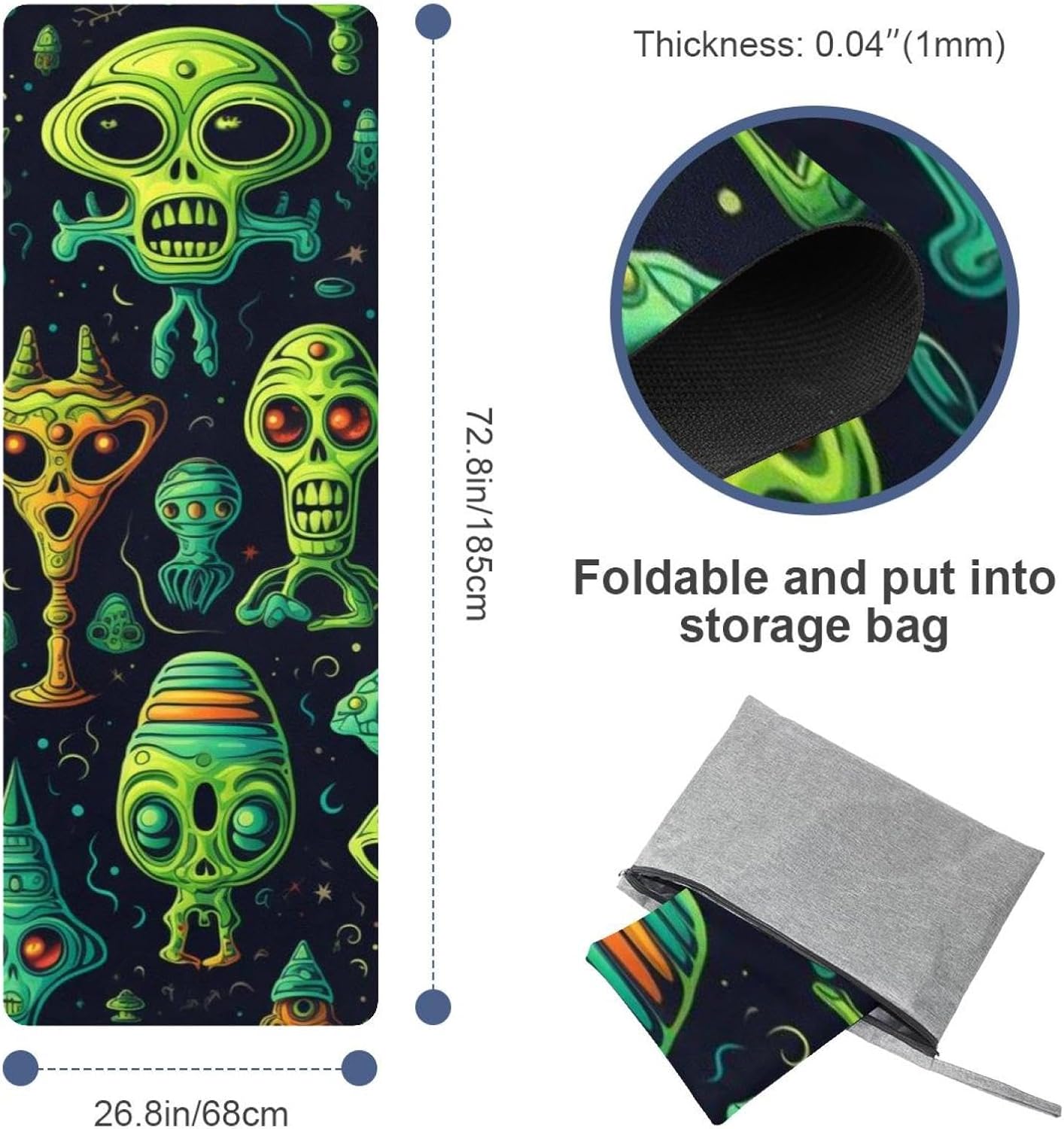 Yoga Towel, Outer Space Alien Pattern Non Slip Sweat Absorbent Hot Yoga Mat Towel for Hot Yoga, Pilates and Fitness - 72.8" x 26.8"