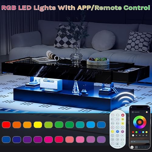 Miniatura 3 de Mesa auxiliar grande de 47.2 pulgadas con LED de alto brillo con 2 cajones deslizantes, mesa inteligente para sala de estar con carga inalámbrica y