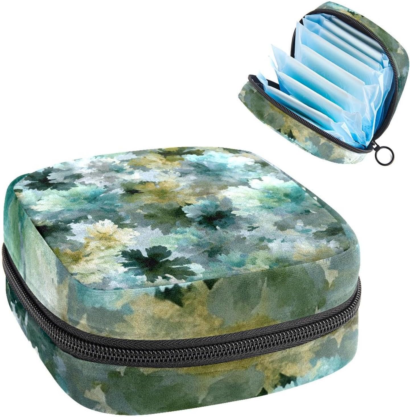 Art Sage Green Watercolor Texture Sanitary Napkin Storage Bag, Menstrual Cup Pouch Feminine Menstruation Period Pads Bag Tampons Holder for Girls Women Ladies