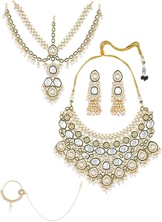ZAVERI PEARLS Green Meenakari Kundan Bridal Necklace Earring Matha Patti & Nose Pin Set For Women-ZPFK21275 Price In India