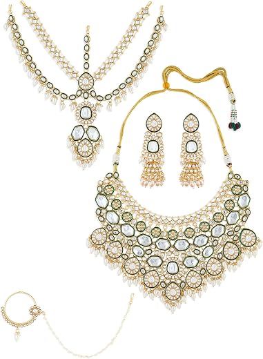 ZAVERI PEARLS Green Meenakari Kundan Bridal Necklace Earring Matha Patti & Nose Pin Set For Women-ZPFK21275