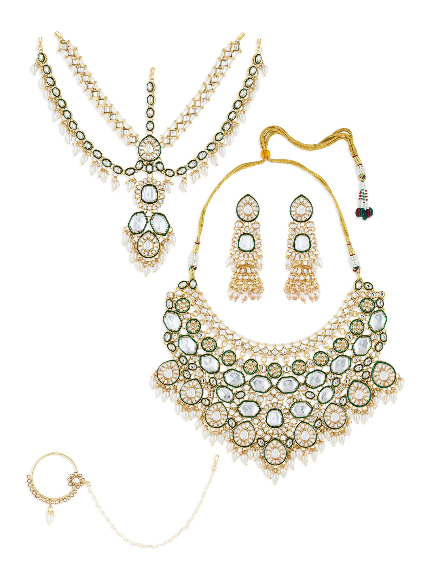 ZAVERI PEARLSGreen Meenakari Kundan Bridal Necklace Earring Matha Patti & Nose Pin Set For Women-ZPFK21275