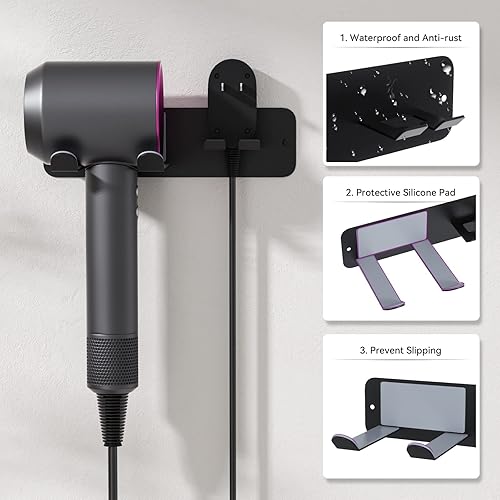 Miniatura 9 de JNIHEEP Soporte para secador de pelo montado en la pared, soporte autoadhesivo de acero inoxidable para secador de pelo supersónico Dyson, plateado