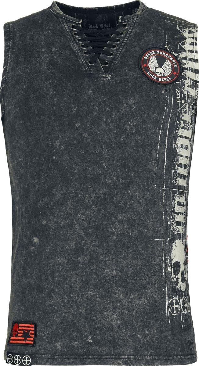 Rock Rebel by EMP Hombre Camiseta sin Mangas Gris con Efecto Acid Wash y Estampado