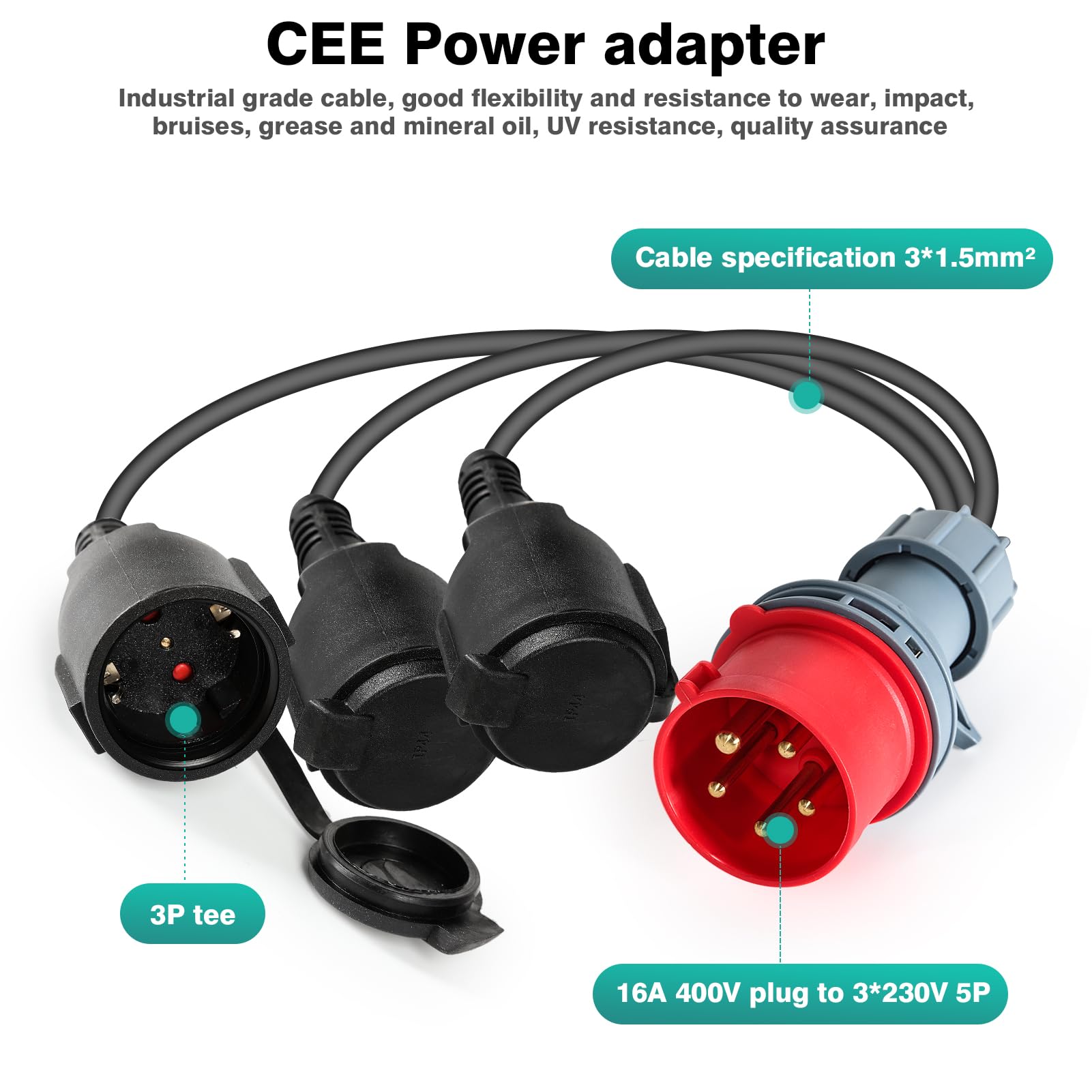 CEE Starkstrom Adapter, CEE Adapter Kabel Kupplung. CEE Stromadapter 16A 400V Stecker auf 3x230V Kupplung 3x1,5mm² Gummikabel Hochstromverteiler für die Ladeumrüstung für Wohnmobile und Yachten