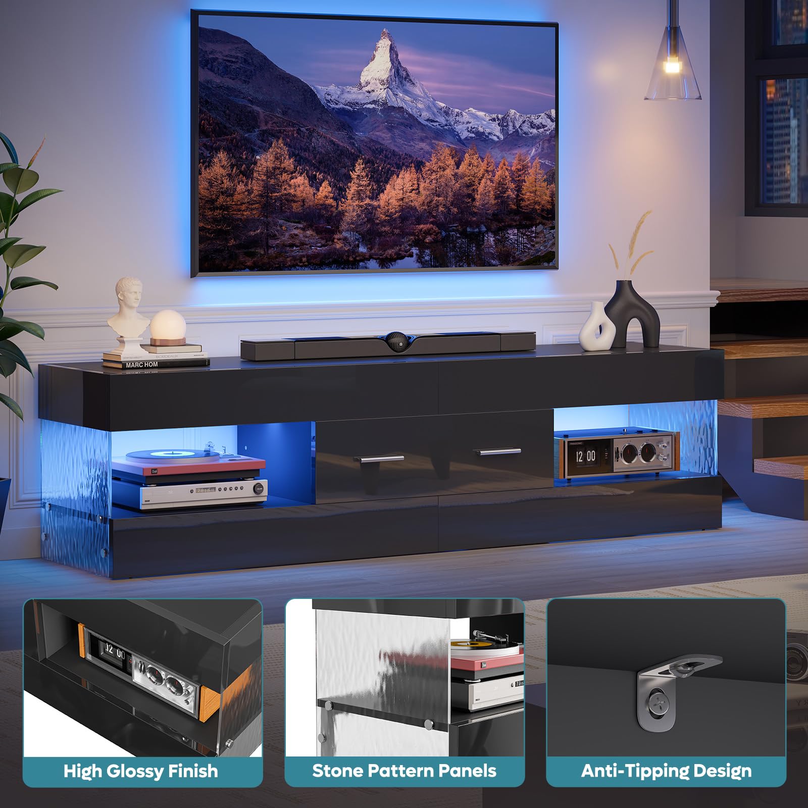 Bestier Mobile TV per TV da 65 pollici,moderno mobile TV laccato lucido,centro di intrattenimento a LED con ampio cassetto,consolle TV per soggiorno e camera da letto(nero)