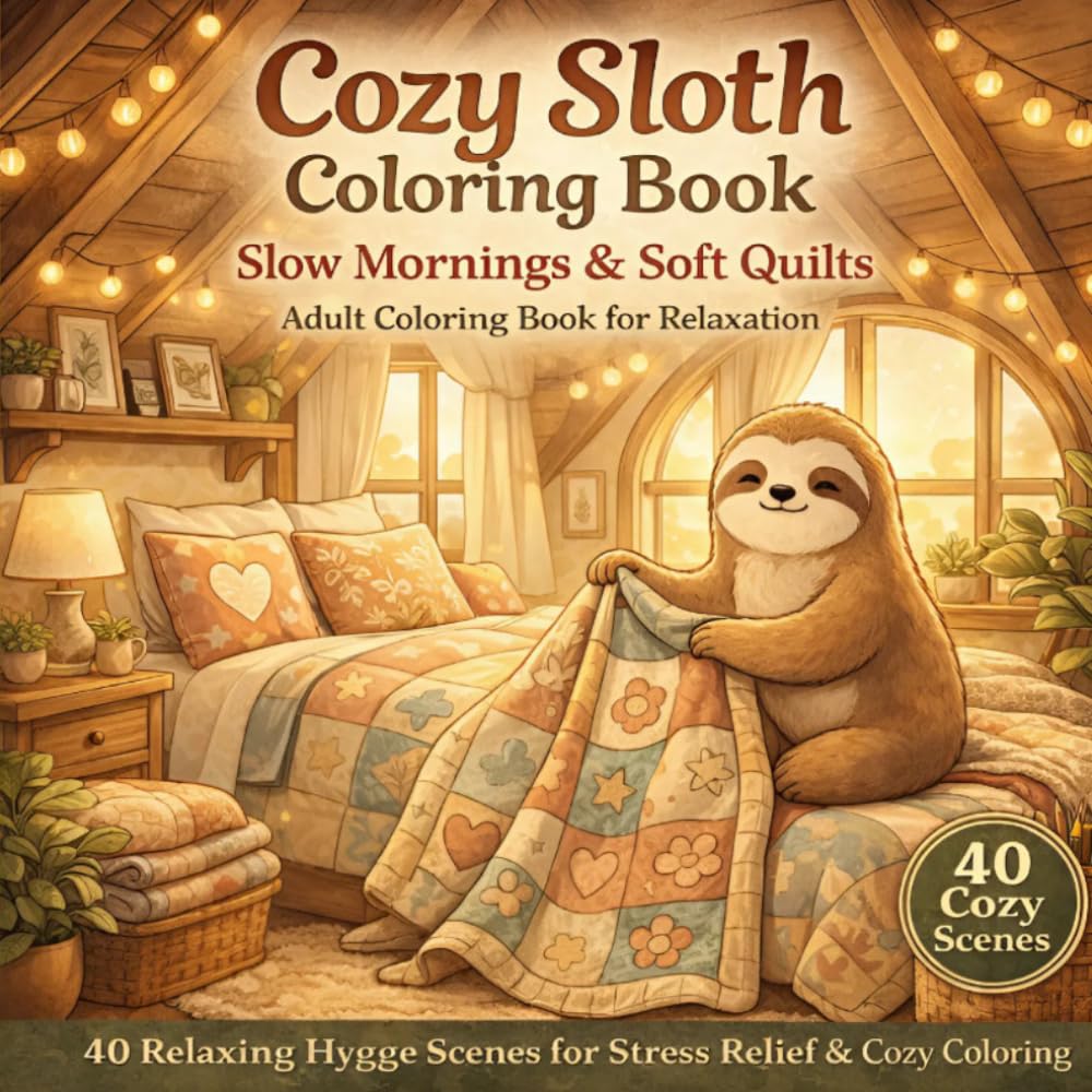 Slow Mornings & Soft Quilts: A Cozy Attic Coloring Adventure with a Cheerful Sloth and Friends