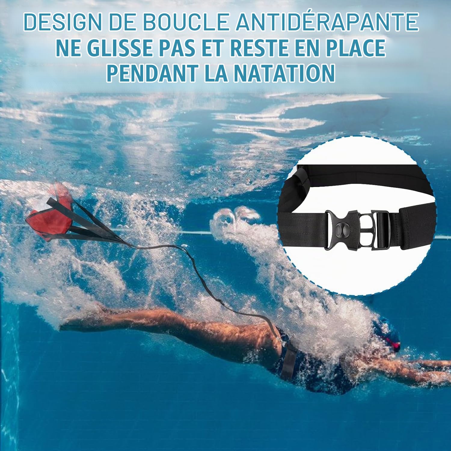 BOOSTEADY 1 Ceinture de Natation pour Piscine avec 3 Parachutes, Parachute de Natation Longueur Réglable, Sangle de Nage, Ceinture de Résistance à La Natation