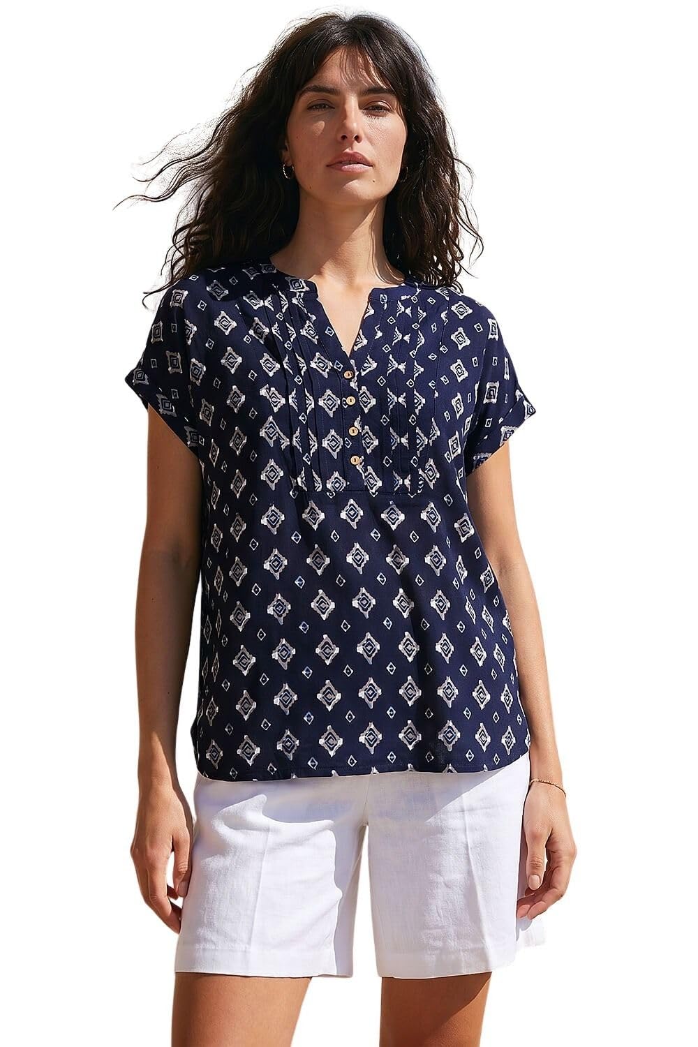 Roman Originals Women's Navy Ivory V-Neck Top For Uk - Buttoned Short Sleeve Blouse Shirt T-Shirt Everyday Holiday Summer Casual Smart Office Work Casualwear Leisure Party
