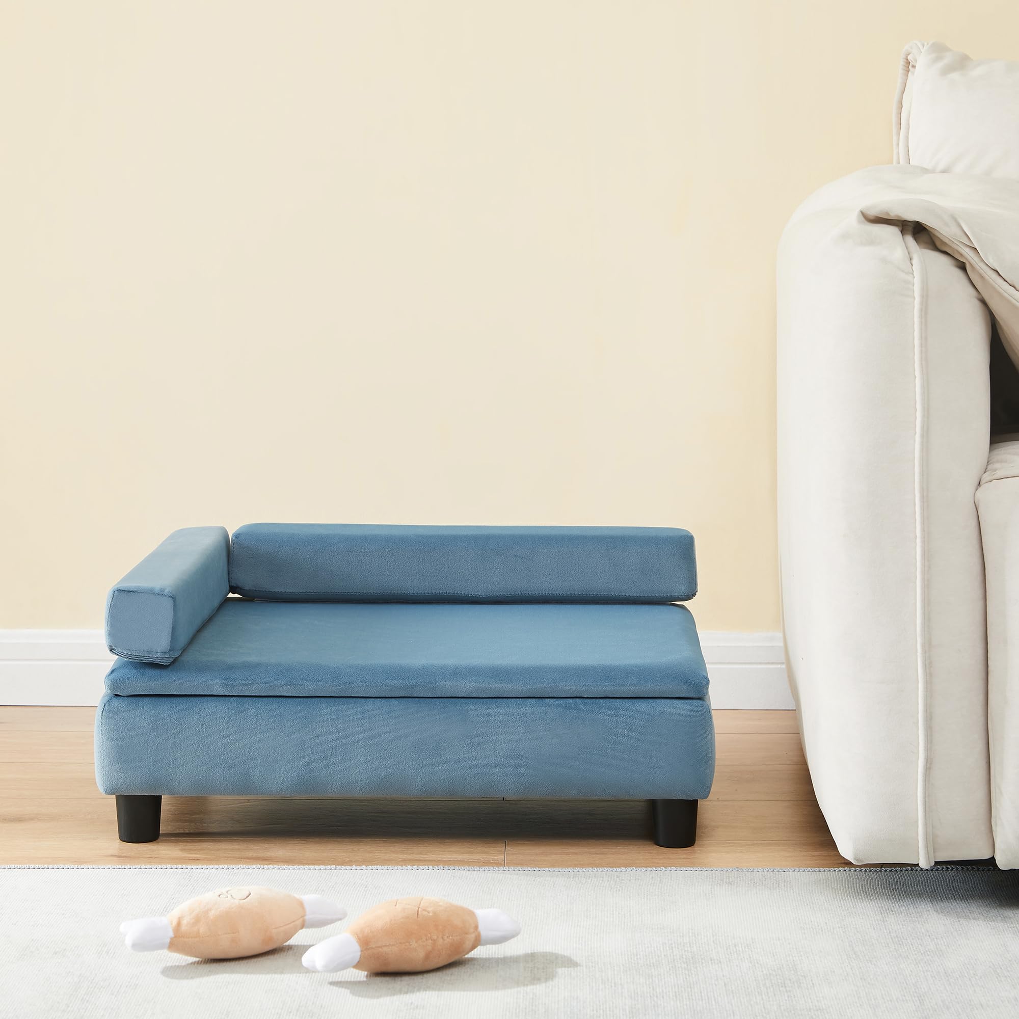 [en.casa] Cama Perro Salkonssad con Almacenamiento Oculto Sofá para Mascota Gato Pequeño/Mediano con Laterales Desmontables MDF Terciopelo 60x45x24cm Azul