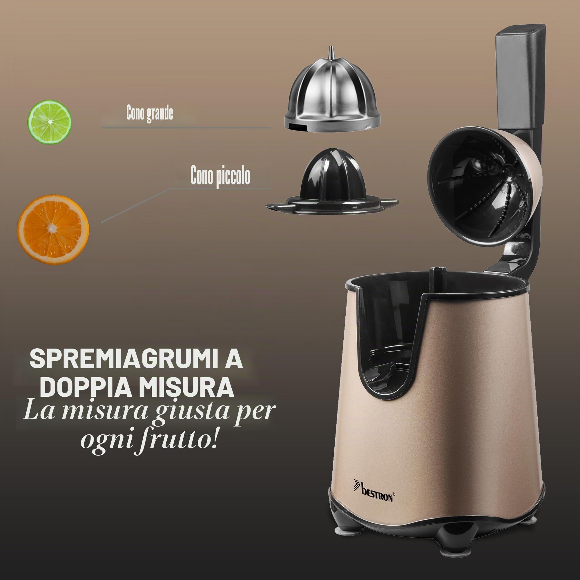 Bestron Spremiagrumi elettrico, spremiagrumi con funzione di arresto e filtro polpa in acciaio inox, con 2 coni, capacità 450 ml, leva soft pressa per un facile utilizzo, colore: beige
