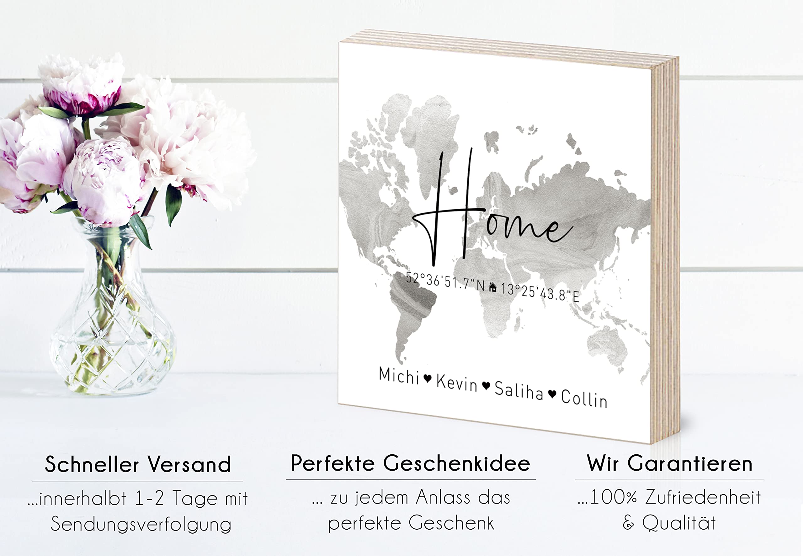 home personalisierte Koordinaten Holzbild Einweihungsgeschenk zum hinstellen aufhängen als Geschenk-Idee zum Hausbau Richtfest Einzug Eigenheim Wand-Bild (Schwarz&Weiß)