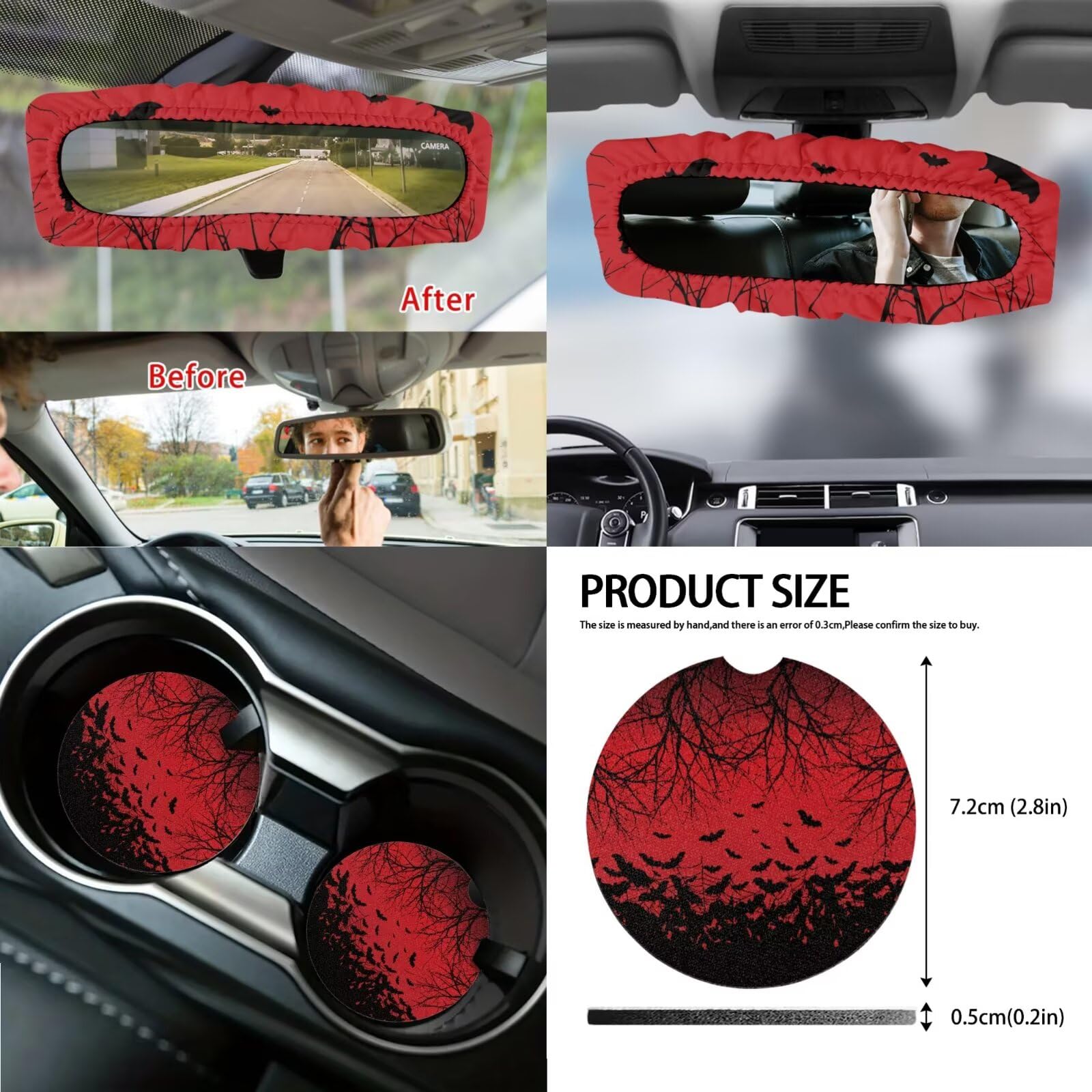 Set completo di coprisedili per auto con stampa di pipistrelli, coprisedili con schienale alto, coprivolante, console centrale, braccioli imbottiti, cuscinetti per cinture di sicurezza