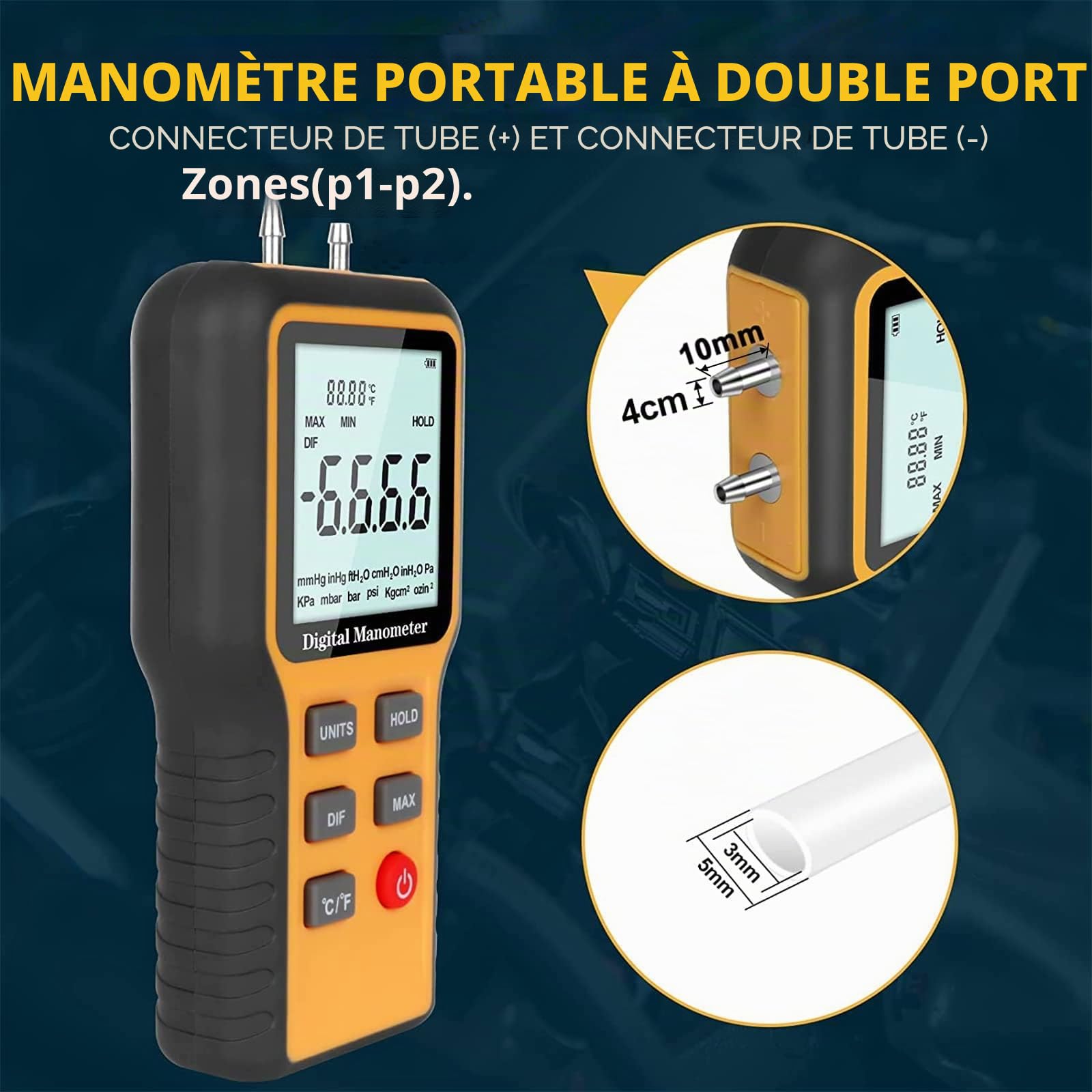 Manomètre numérique professionnel, manomètre HVAC manuel 12 unités sélectionnables, testeur de gaz à double port avec rétroéclairage (batterie incluse)
