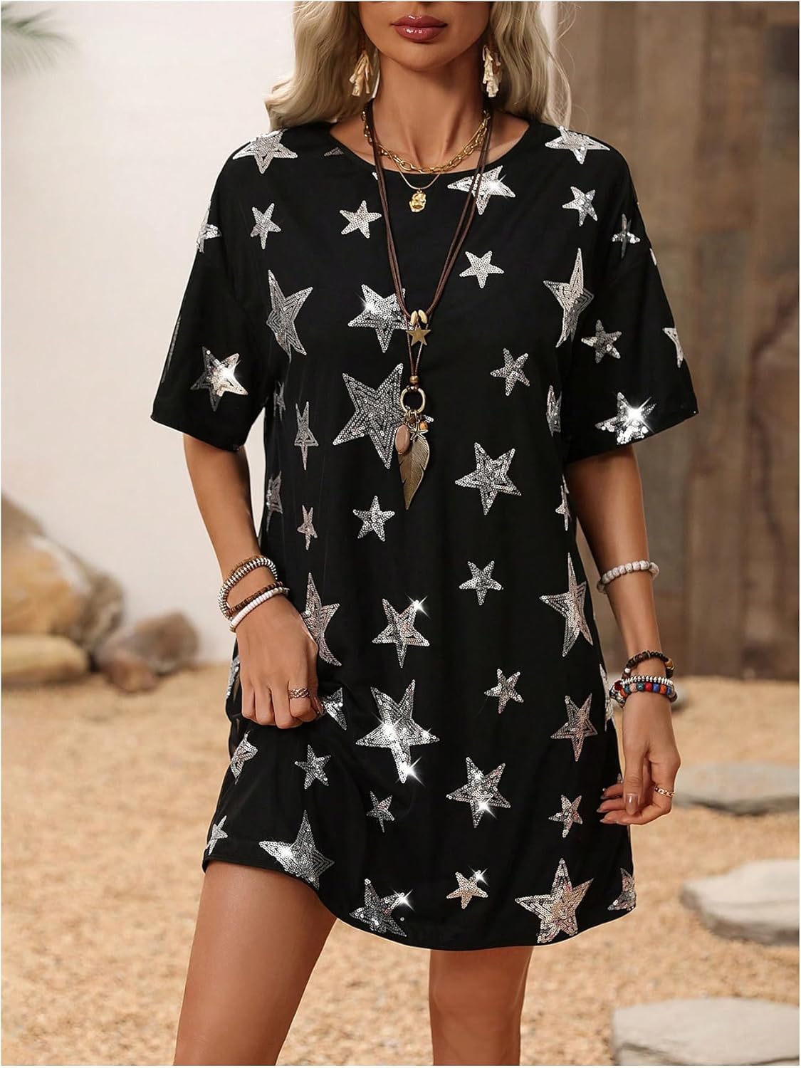OYOANGLE Women's Sequin Star Short Sleeve T Shirt Dress Drop Shoulder Crew Neck Glitter Summer Concert Dress