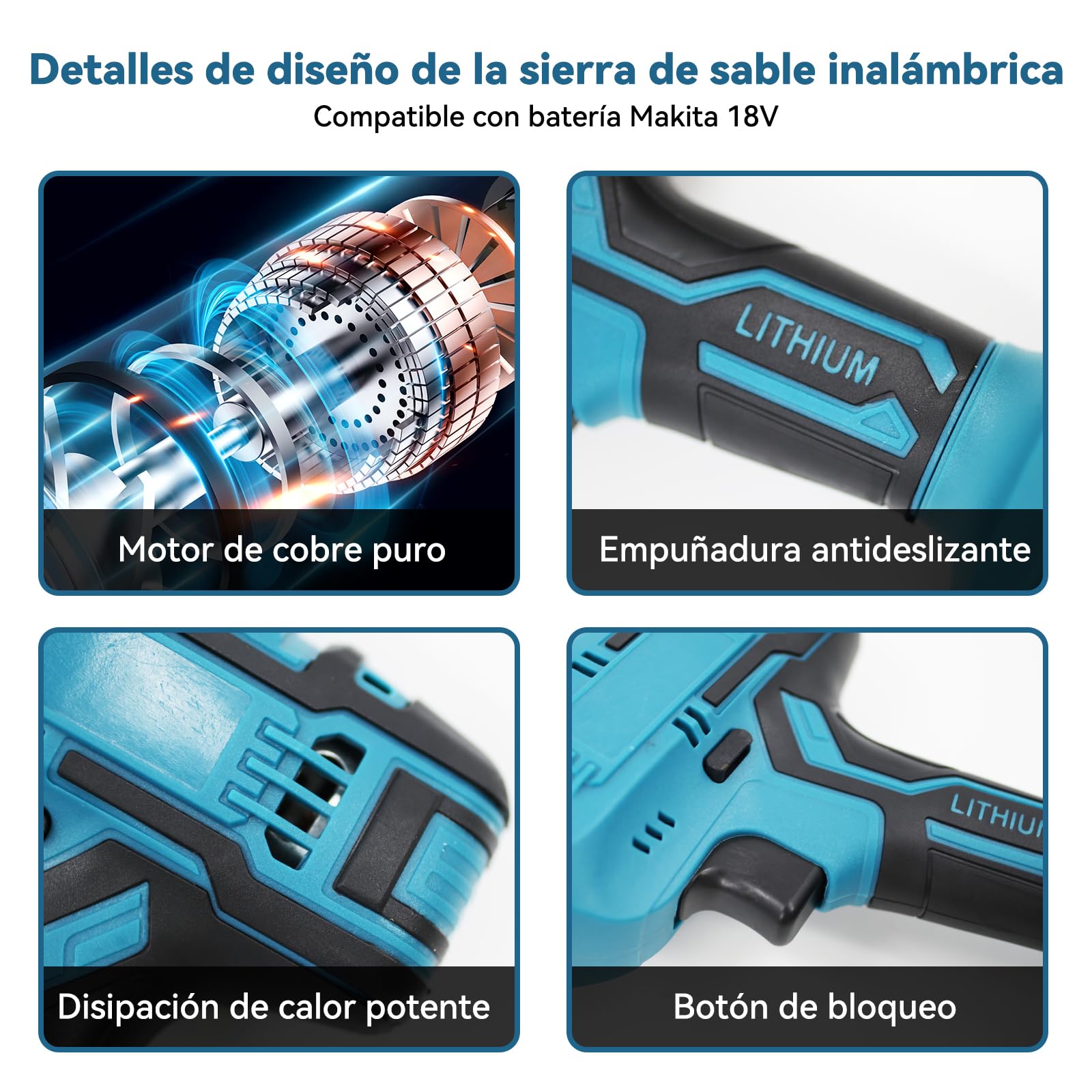 Sierra alternadora eléctrica inalámbrica con 4 cuchillas – Compatible con batería Makita 18 V – Para madera y metal – Sin batería ni cargador