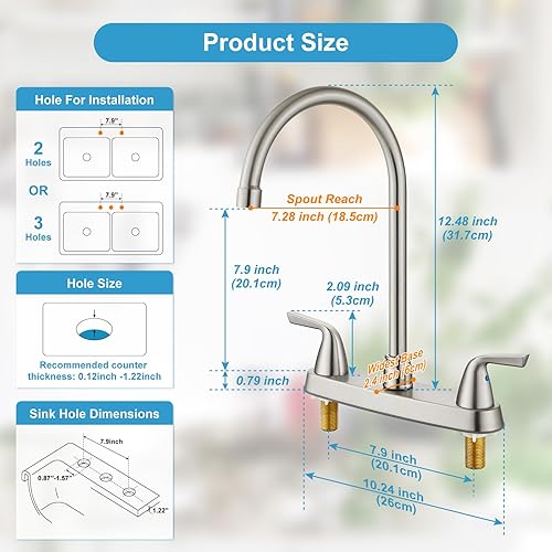 Miniatura 2 de Cinwiny Grifo de cocina de 8 pulgadas, juego central de grifos de fregadero de cocina, 2 manijas, arco alto, boquilla giratoria de 360 grados, con