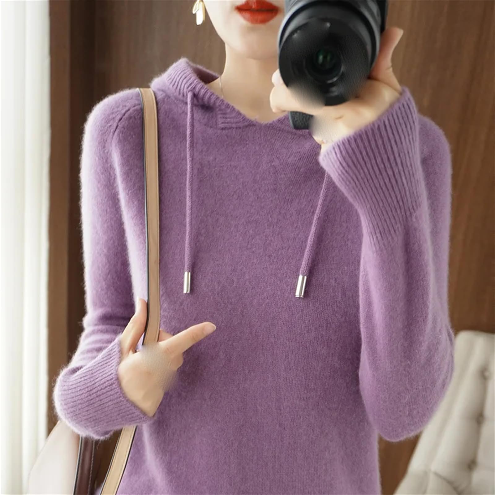Yeuyyben Maglione invernale con cappuccio da donna maglione in cashmere con cappuccio caldo allentato maglione in cashmere con cappuccio da donna, Marrone Dorato Grigio, L