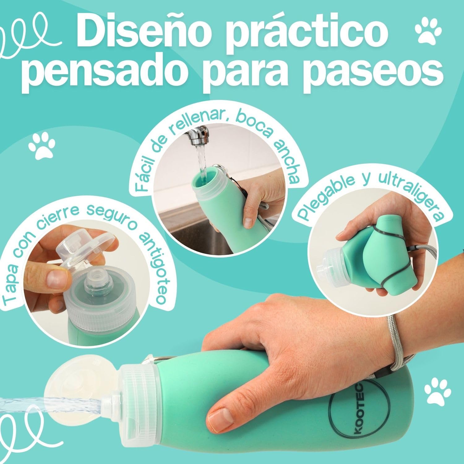 Botella Pipi Perros Silicona Plegable 400ml + Mosquetón + Goma Elástica + Cinta Ajustable 18cm | Botella Pipi Perros Calle con Chorro a Presión Controlable Antigoteo y Portátil (Verde Menta)