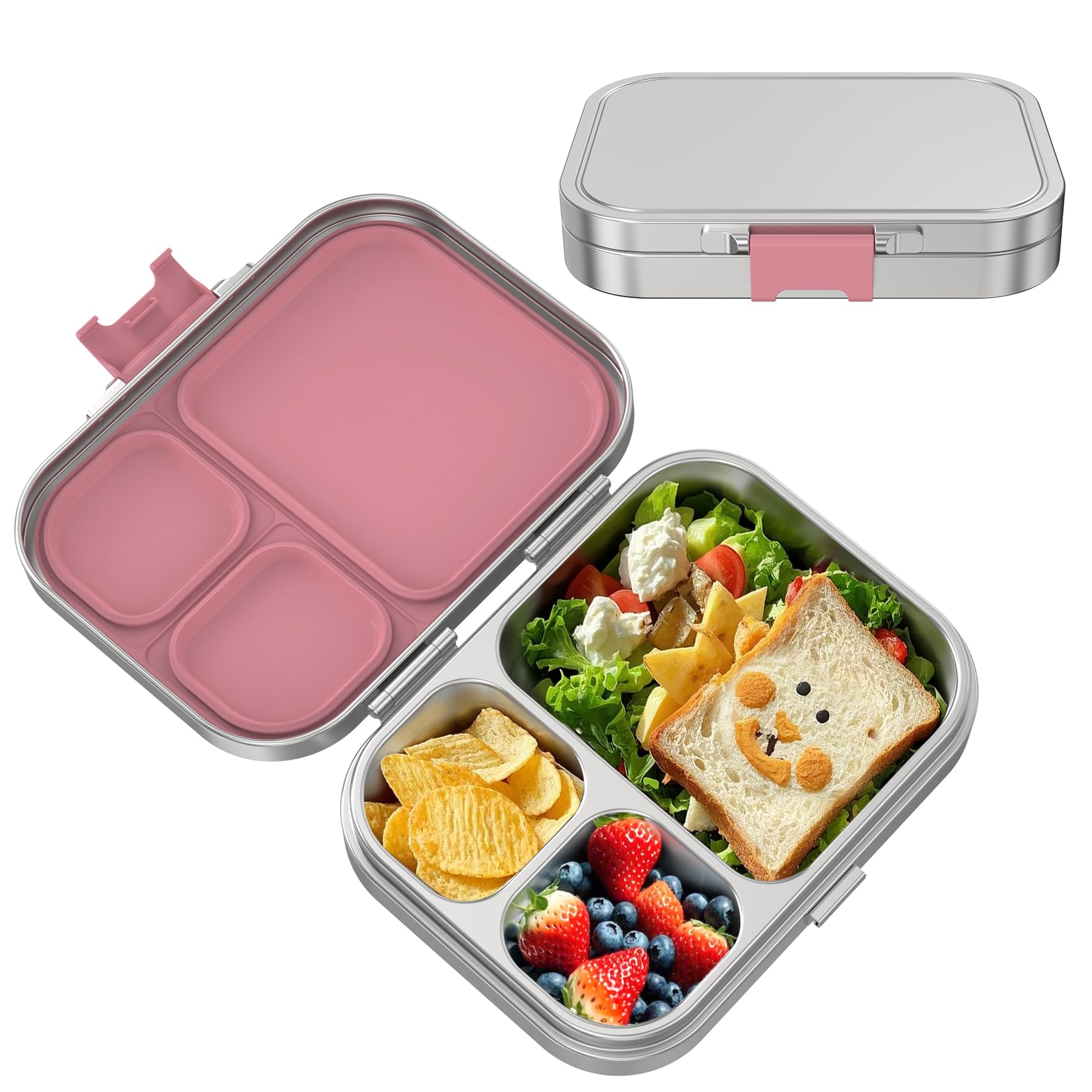 VITONIS Fiambrera de acero inoxidable para niños, fiambrera de metal Bento para niños, con 3 compartimentos y anillo de sellado, fiambrera adecuada para niños y adultos, apta para lavavajillas (rosa
