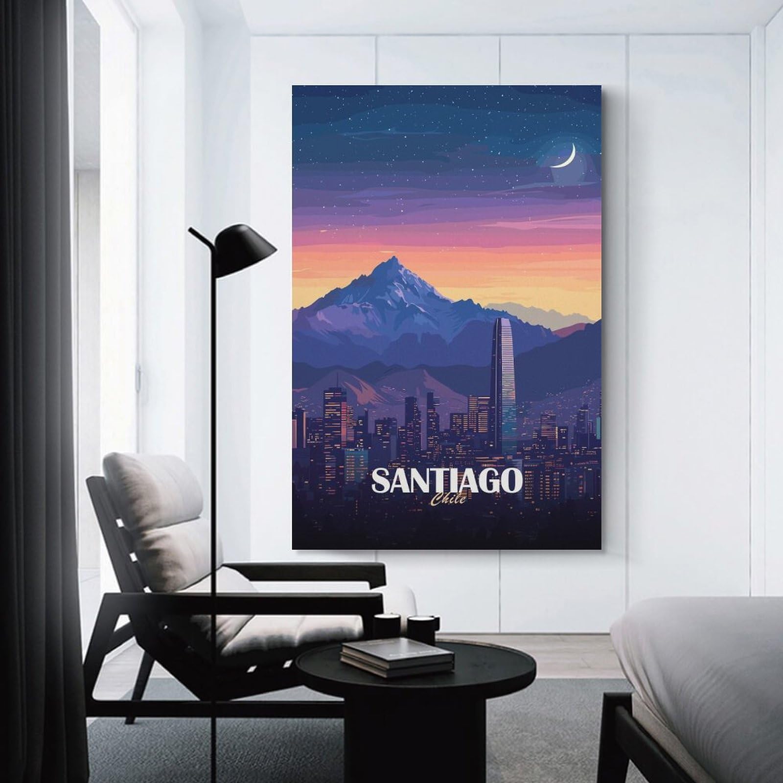 Junmoney Santiago, Chile Cityscape at Night Canvas Wall Decor 24x36inch(60x90cm), for Corridors, Hallways Or Apartment Entries, A Stylish Accent for Home Entrances