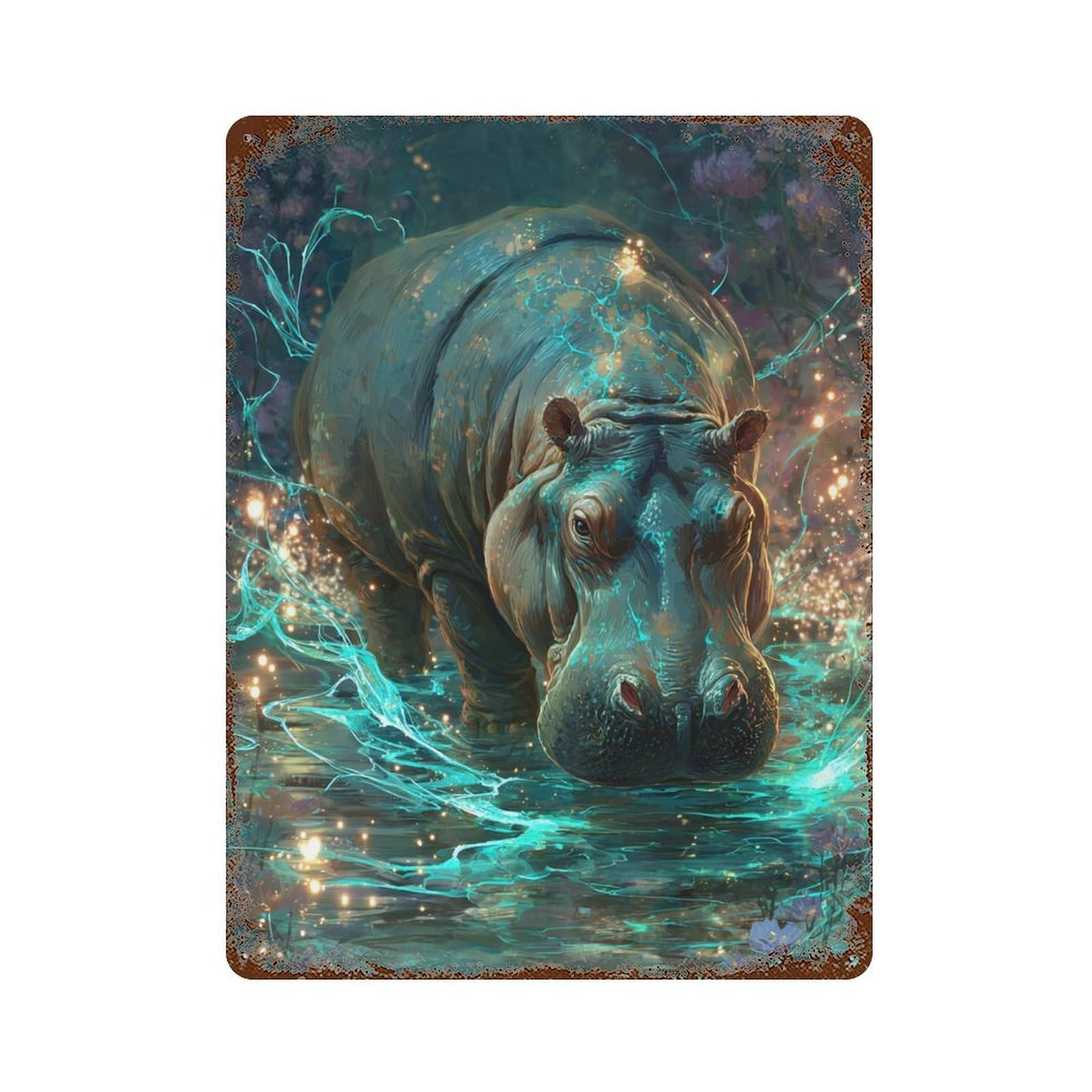 Magical Hippo Pond Aged Metal Wall Plaque 15.7"x11.8", Industrial Home Decor for Pub, Kitchen And Man Cave Decor