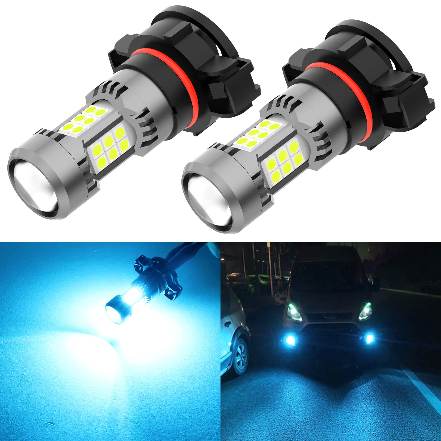 PHINLION 2504 12276 PSX24W Ice Blue LED Fog Light Bulbs, 3200 Lumens Super Bright 12V 3030 30-SMD Replacement Lamps with Projector, Pack of 2