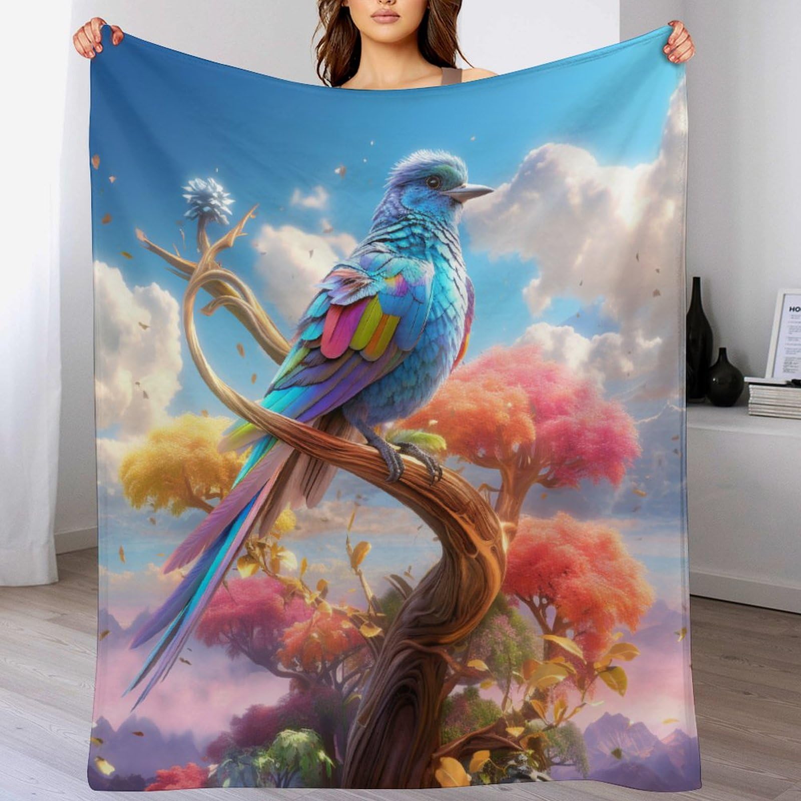 Manta de franela con diseño de pájaros multicolor para sofá y cama 130x180 cm