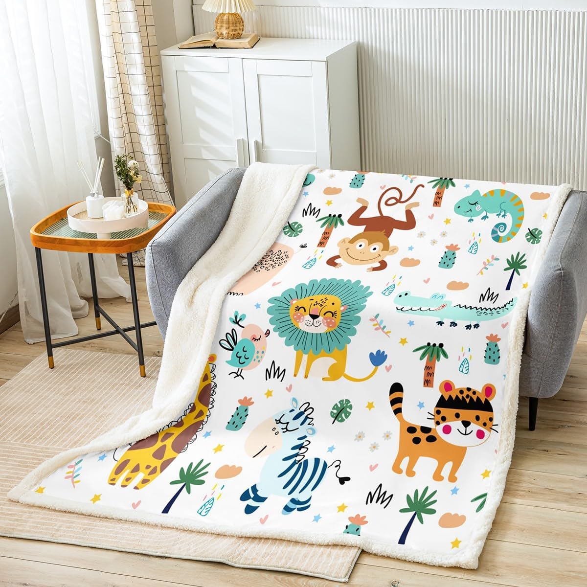 Feelyou Cartoon Jungle Animals Sherpa Blanket Boys Girls Teens Child Toddler Kids Safari Zoo Animals Fleece Throw Blanket Lion Tiger Monkey Giraffe Fuzzy Blanket for Sofa Bed Couch,Baby 30x40 Inches - Image 2
