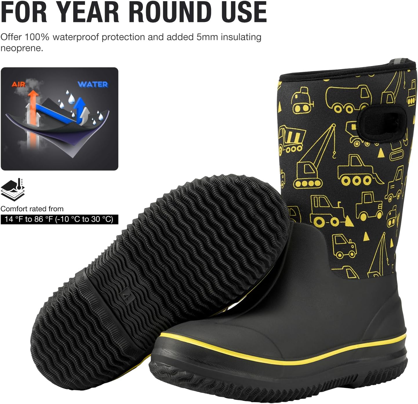 HISEA Kids Rain Boots for Boys Girls, Waterproof Insulated Rubber Neoprene Boots, Seamless Outdoor Boot with Handles Rainboots All Weather Mud Boots for Rain Water Snow and Winter (Little Kid/Big Kid)