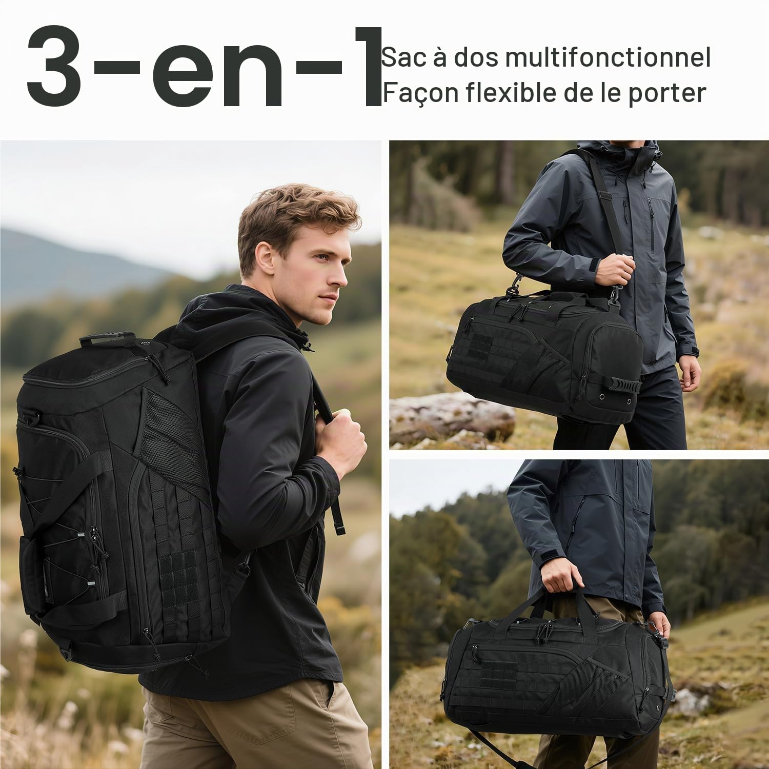 Sac de Sport Homme 45L Sac à Dos de Voyage Weekend avec Compartiment à Chaussures et Poche Humide Sac Fitness Tactique pour Camping Gym Boxe Noir