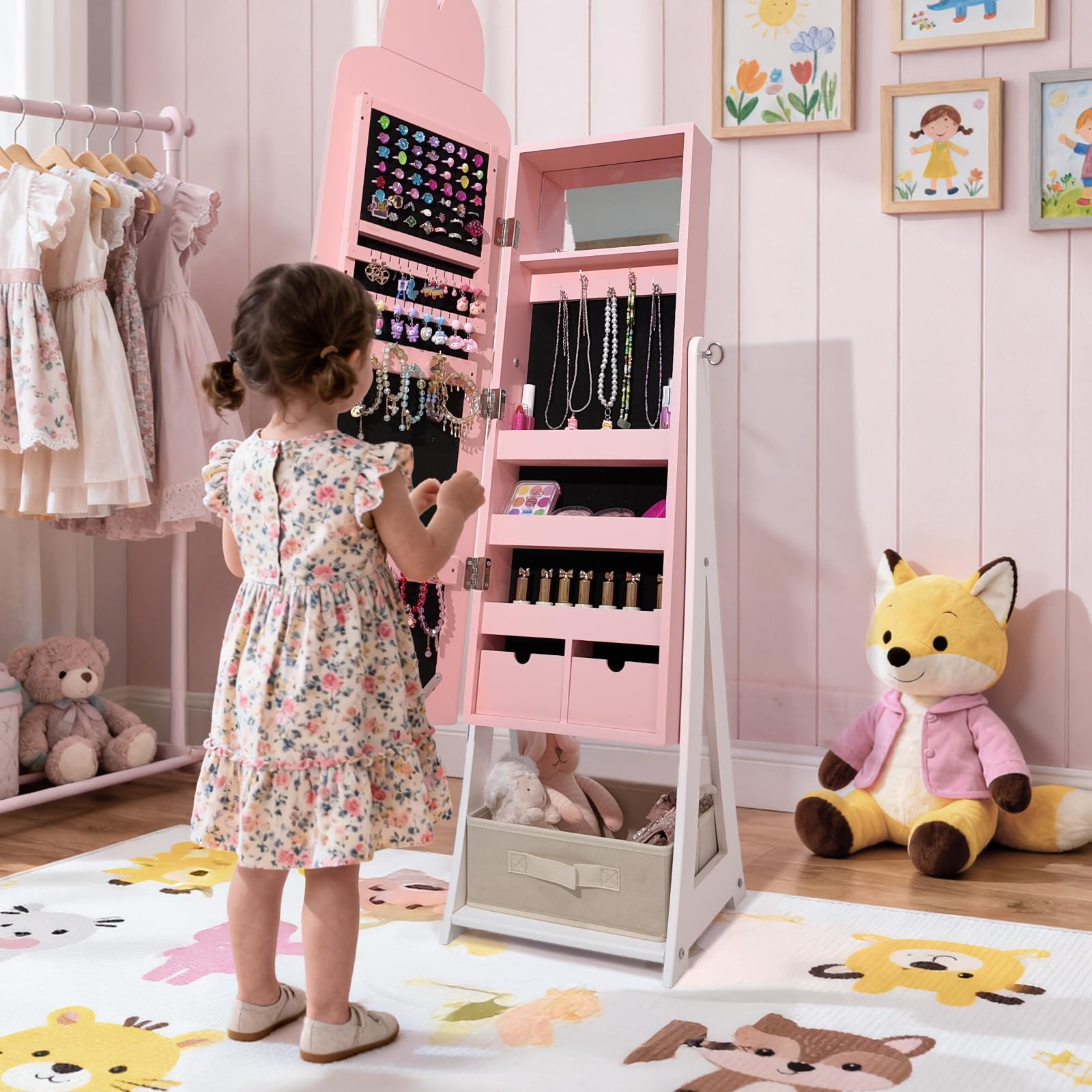 LEADZM Kinder Schmuckschrank mit Spiegel，Schmuckschrank Hängend， 3-in-1 Spiegelschrank mit Ganzkörperspiegel & Aufbewahrungskorb，Für Kinderzimmer Geeignet，Hasenstil，für Kinder ab 3 Jahren（Rosa）