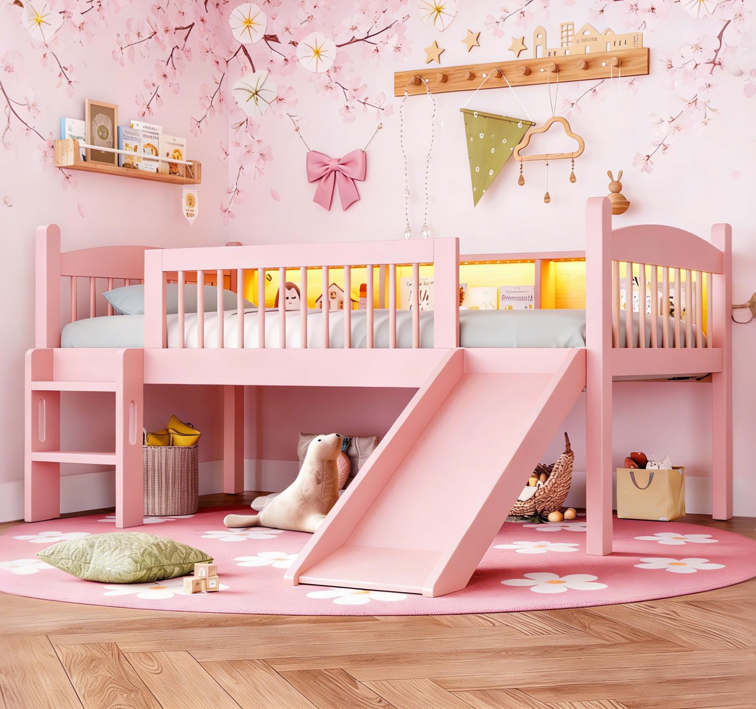Bellemave Twin XL Size Low Loft Bed with Bookcase and Lights, Wood Bed Frame with Slide and Ladder, Kids Bed with Fence,for Kids,Teens,Space Saving,Easy Assemble,No Box Spring Needed (Twin XL,Pink)