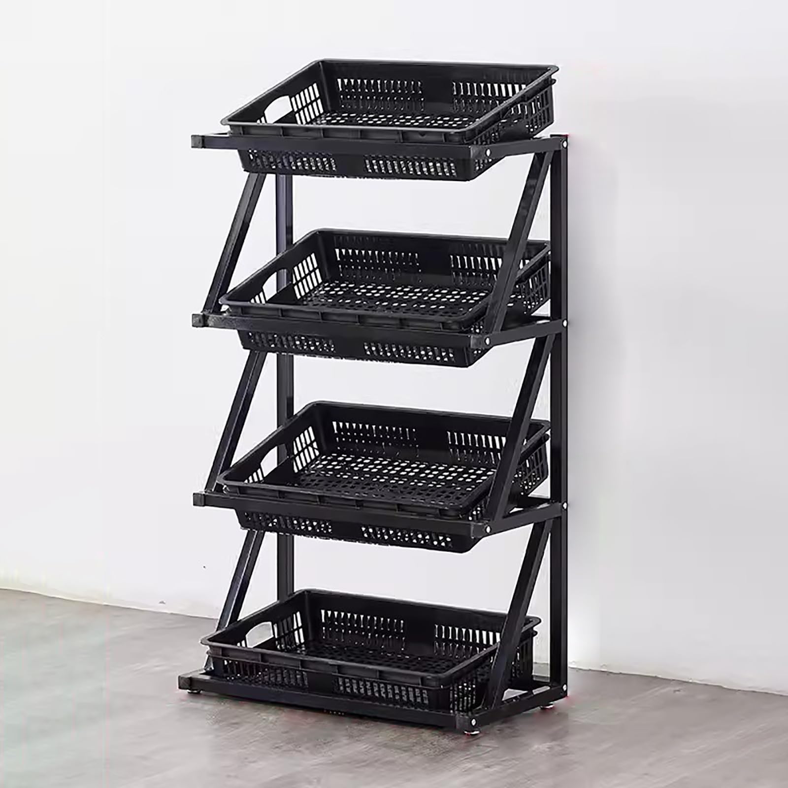 Commercial Supermarket Fruits Displaying Stand - 120cm 150cm Tall Tilting Design Kitchen Vegetable Shelf - Freestanding Produce Storage Holder with Baskets for Pantry, Store, Home(Black,4 floors-120cm