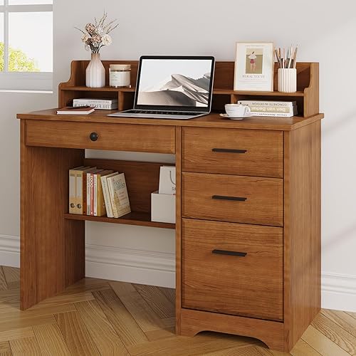 Miniatura 6 de 4 EVER WINNER - Escritorio para computadora con cajones para espacios pequeños, escritorio de madera con gabinete de archivos y soporte para