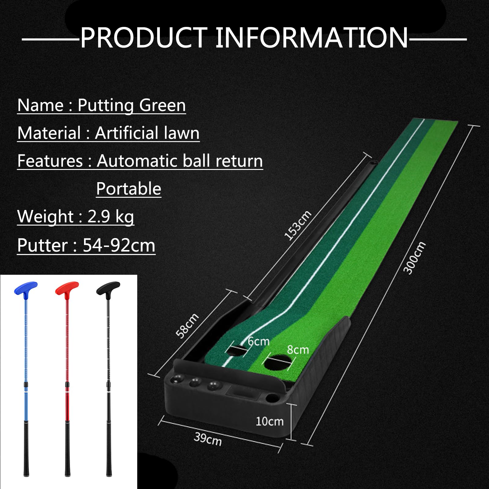 Simulador de Putting Green de Golf con Putter Ajustable y Carril de Retorno automático de Pelota, Juego de práctica de Juego de Golf Interior para Adultos y niños, en Caja de Regalo,Black-2.5M