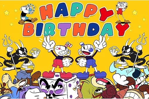 Miniatura 4 de Suministros de cumpleaños para tazas, decoraciones de fiesta de copa de 5 x 3 pies, telón de fondo de dibujos animados, decoraciones de cumpleaños