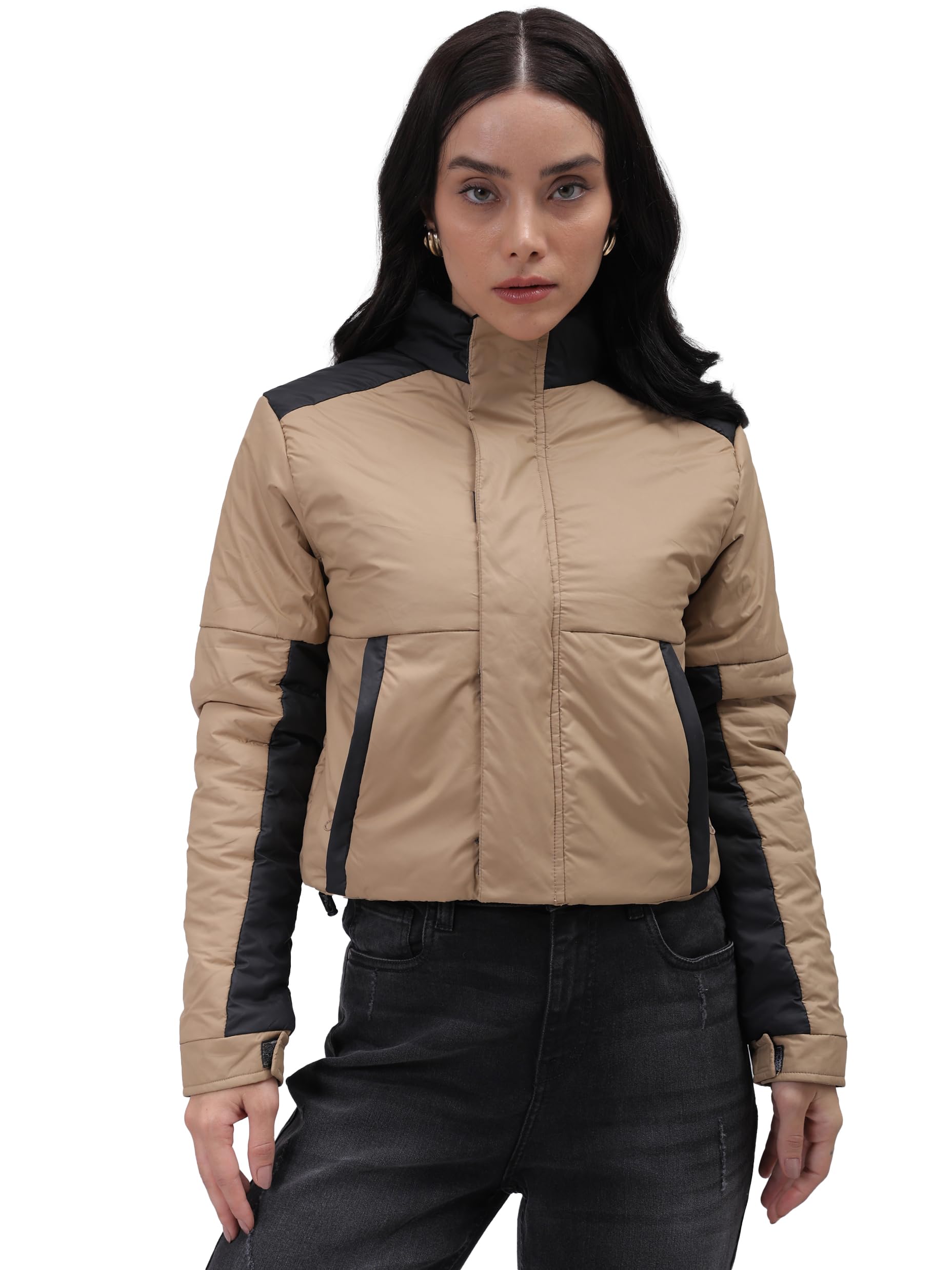 Women Regular Fit Colourblocked Crop Puffer Jacket-image-12