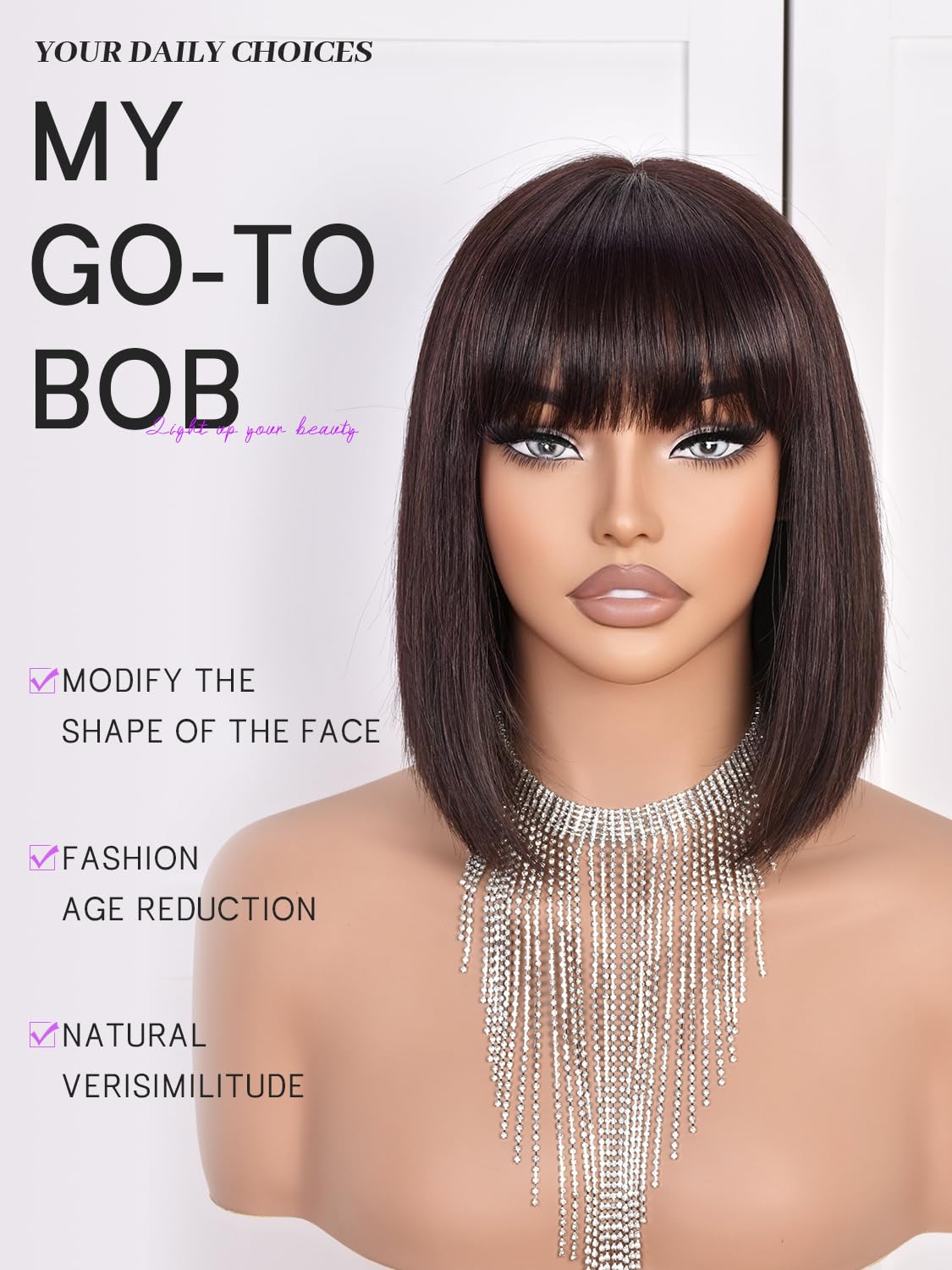 CoCrowns Bob Wig Human Hair 210% Density Bob Wig with Bangs 100% Human Hair Wigs for Black Women Pre-Bleached Glueless Straight Bob Wigs (2#) - Image 3