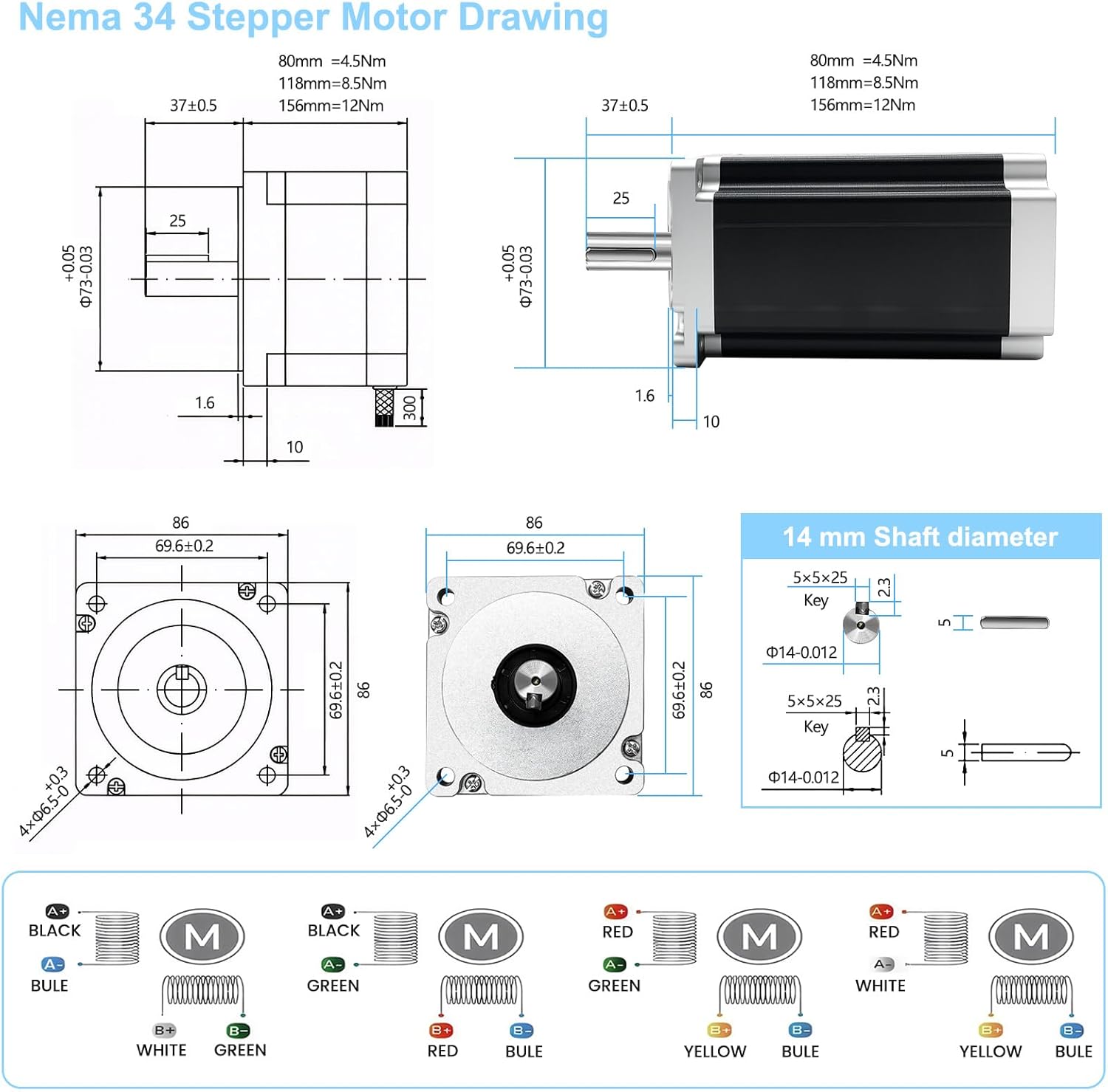 CNC Controller Kit 3 Axis with Nema 34 86mm Stepper Motor 12Nm 1700 oz-in 2PH 6.0A 14mm Key-Way Shaft 150mm Body , Step Motor Driver, 400W Power Supply 60V, USB Mach3 CNC Control Card
