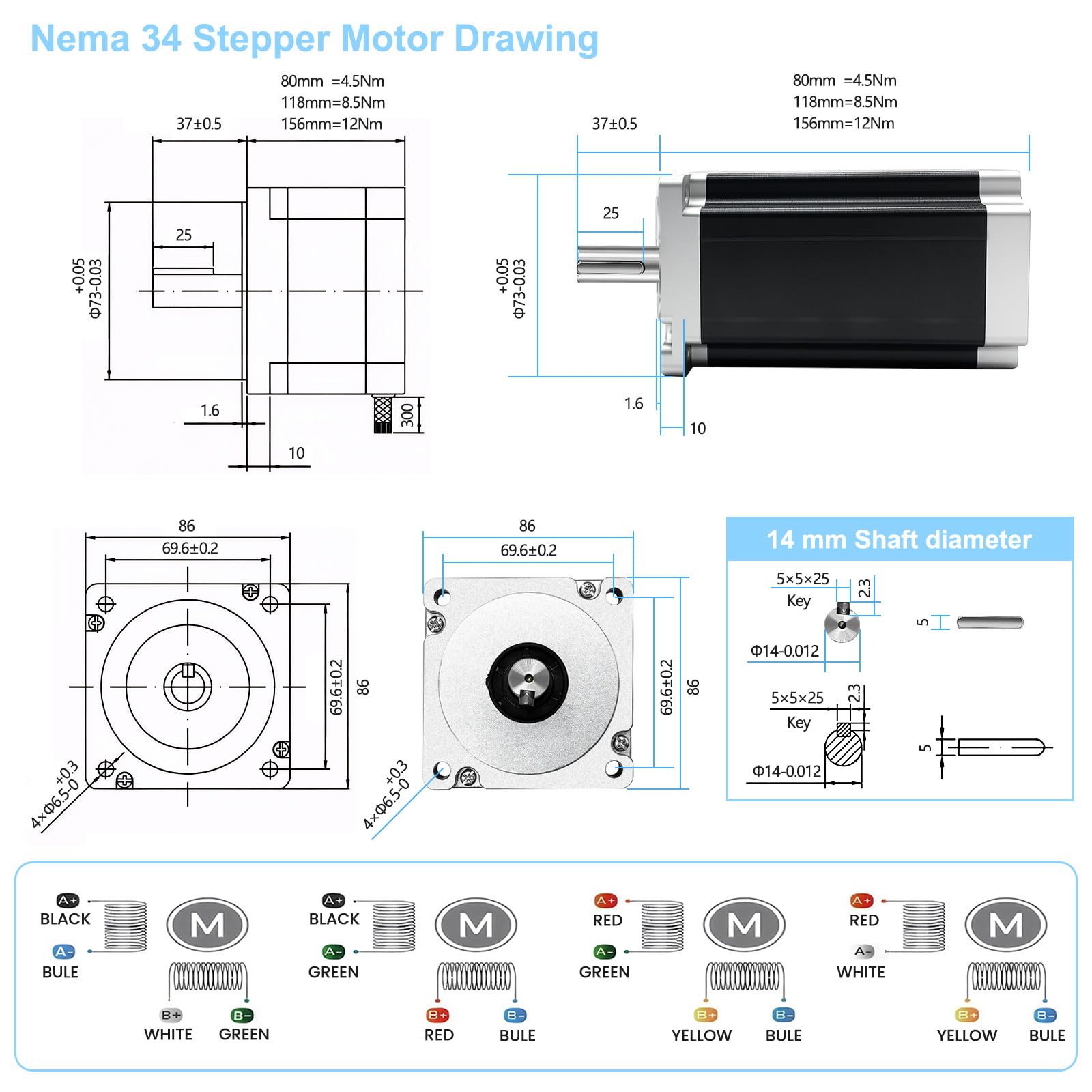 3 Axis CNC Controller Kit Nema34 86mm Stepper Motor 4.5Nm 640oz.in