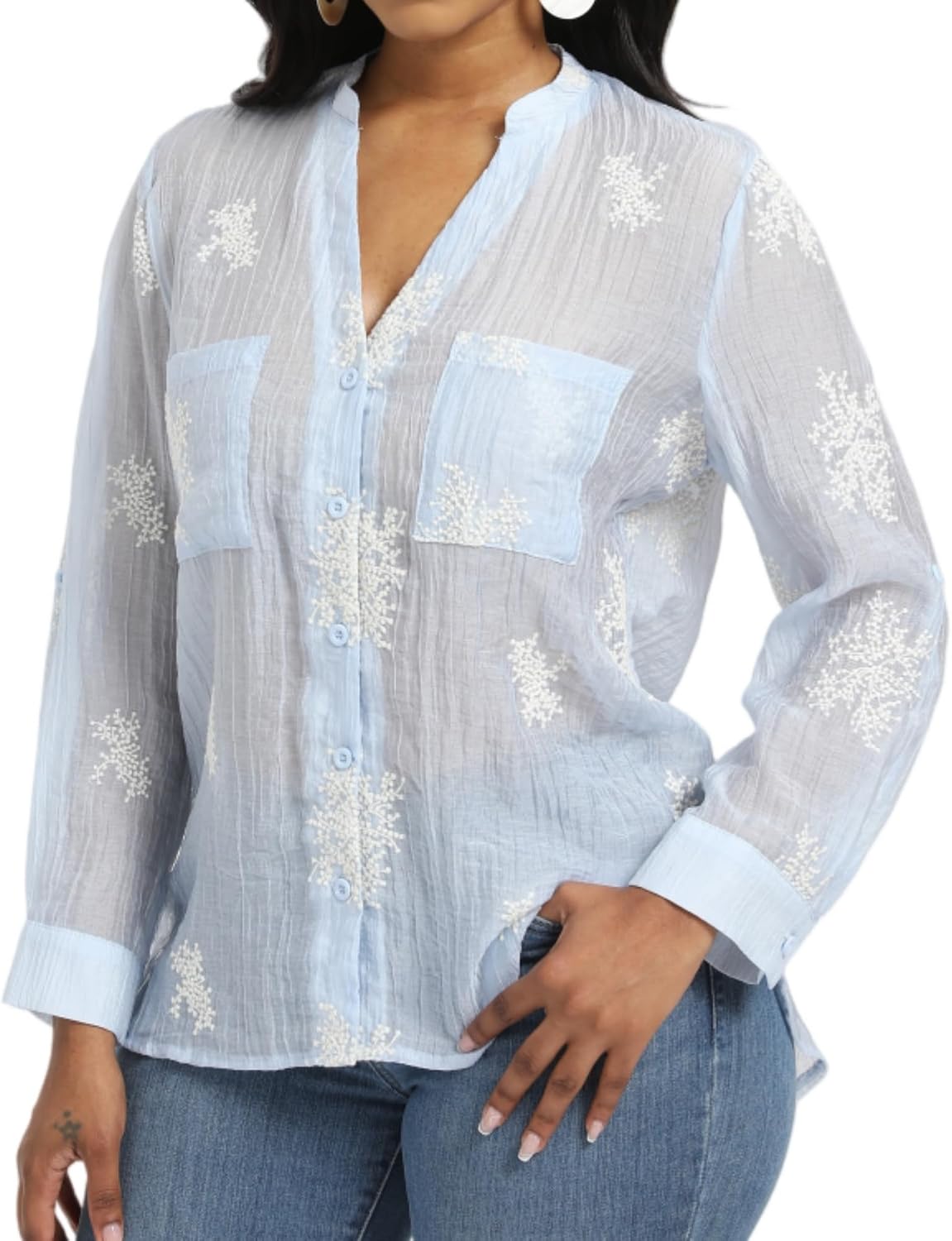 Women's Long Sleeve Sheer Floral Embroidered See Through Button Down Blouse Lightweight Boho V Neck Shirts