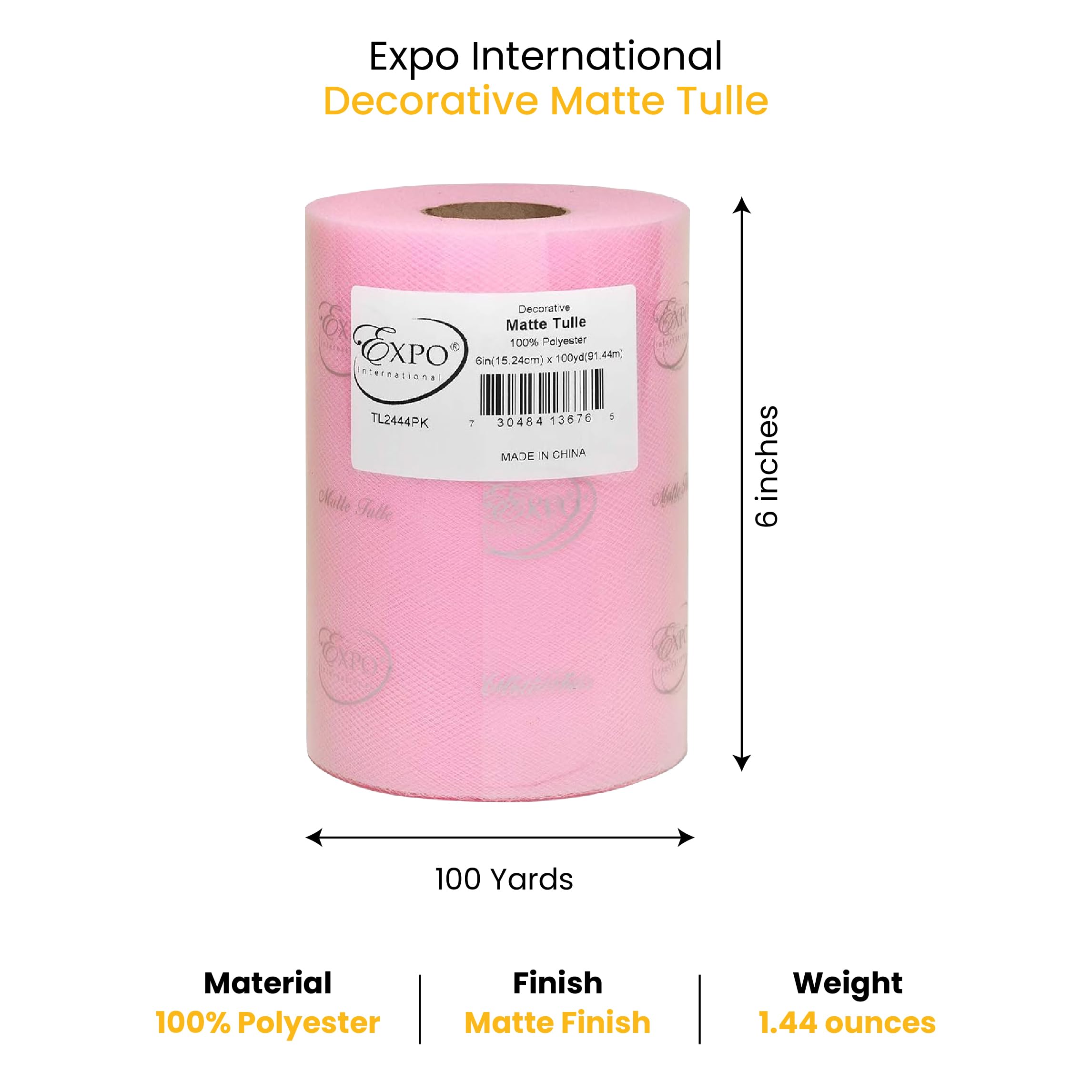 Expo International Matte Decorative Tulle Roll, 6 Inch x 100 Yards, Pink