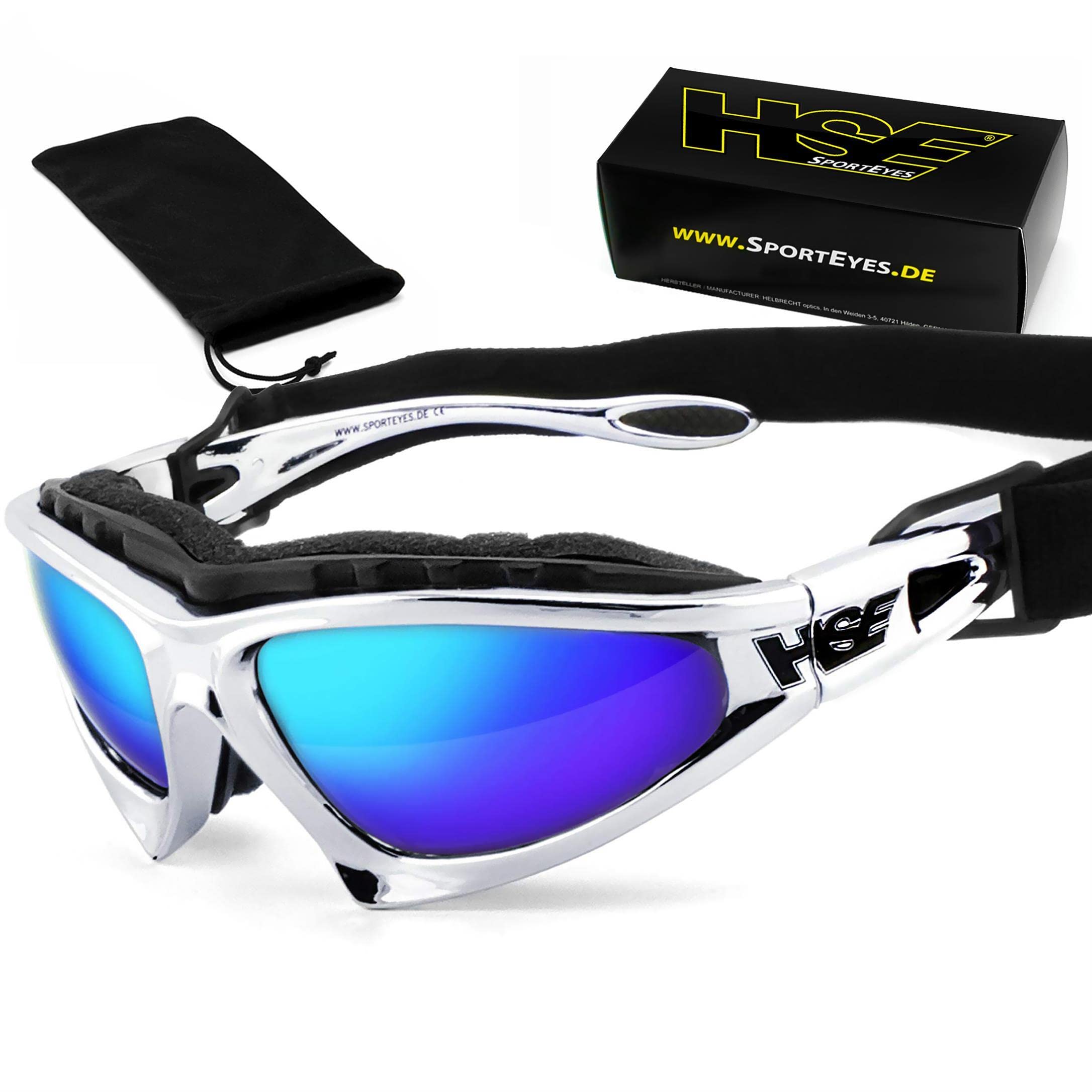 HSE SportEyes® | beschlagfrei, winddicht, HLT® Kunststoff-Sicherheitsglas nach DIN EN 166 | Sportbrille, Radbrille, Sonnenbrille | Brille: 2050 (blau verspiegelt - Chrom)