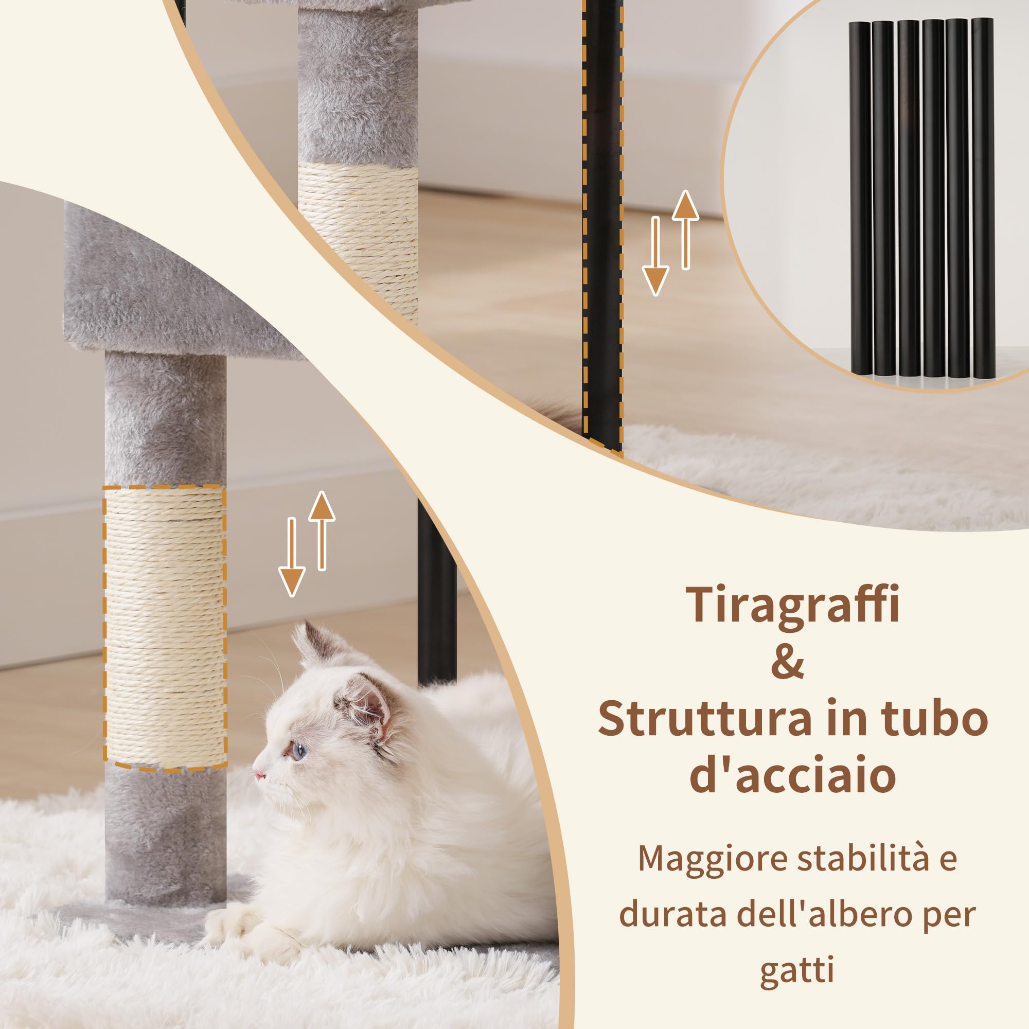 Heybly Albero Tiragraffi Per Gatti Alto 125 cm, Torre Per Gatti Spaziosa E Confortevole Con Tana, Due Ampie Piattaforme, Tiragraffi In Sisal, Cestino, Robusti Tubi In Acciaio, Grigio Chiaro HCT200SW-
