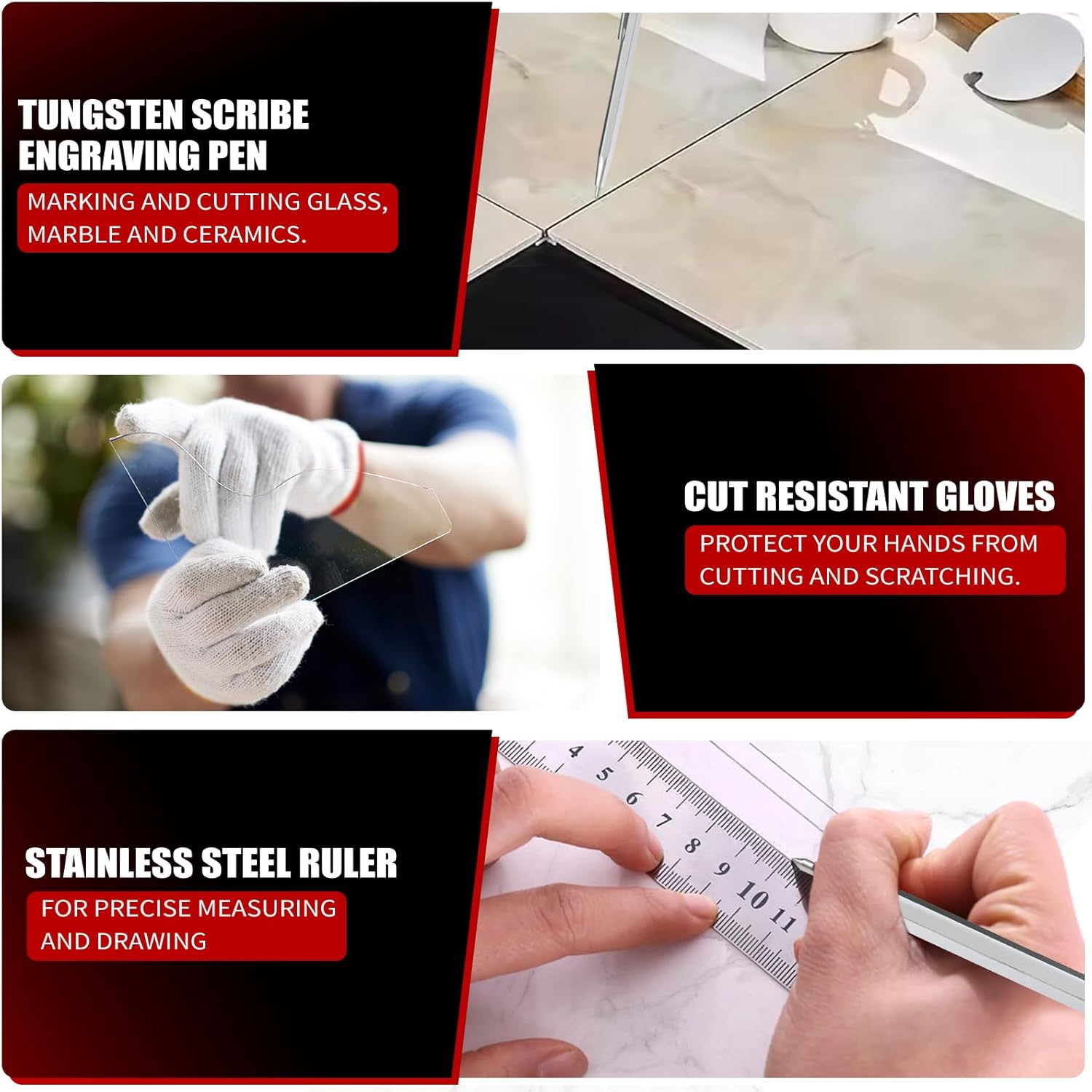 YOTINO Glass Cutting Tools, 9PCS Glass Cutter Glass Running Pliers Breaking Grozer Pliers,Tungsten Scribe Engraving Pen, Oil Feed Glass Cutters Tools Kit for Stained Glass, Tiles, Mosaic Cutting