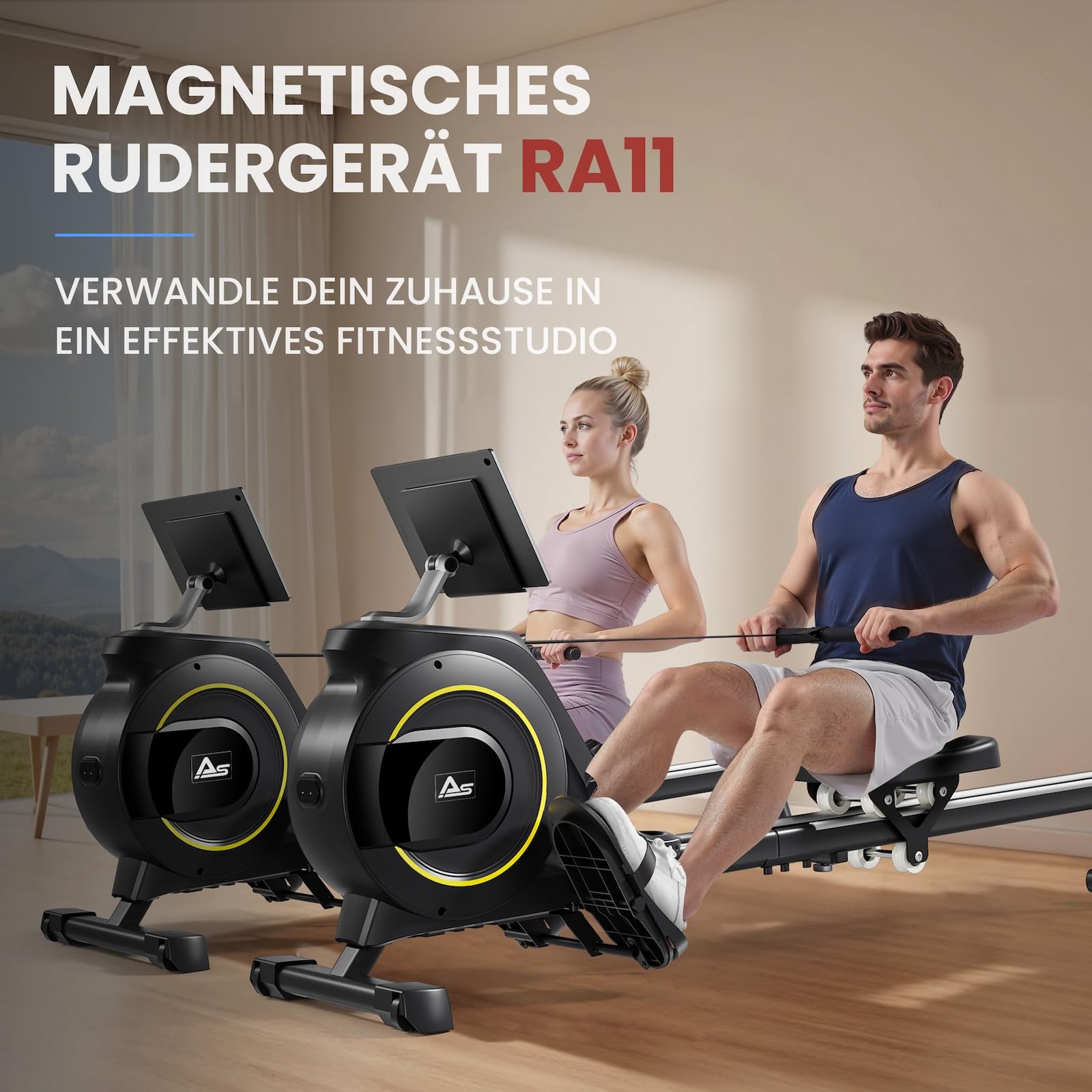 AsVIVA RA11 wioślarz domowy, 16 poziomów oporu, aplikacja Bluetooth, nachylenie szyny, do 135 kg