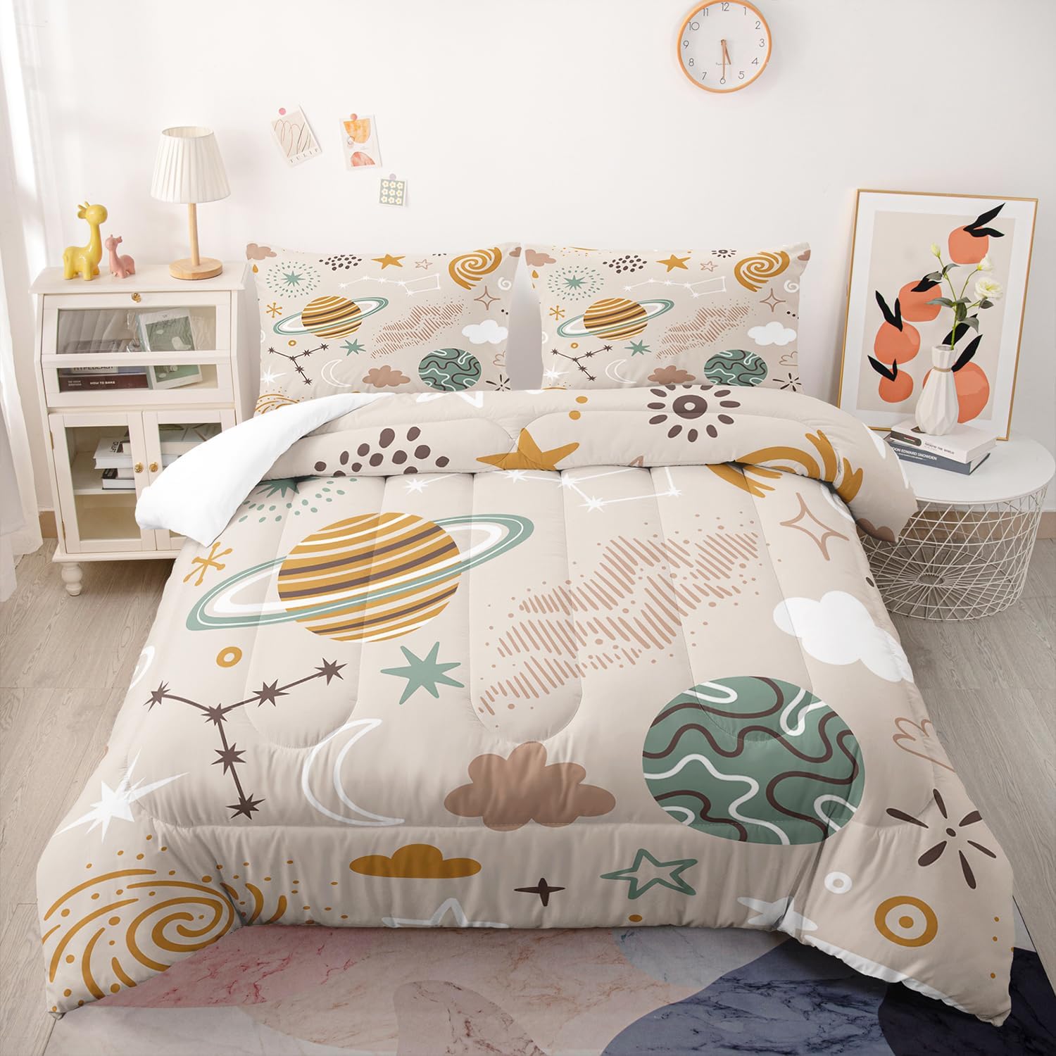 Space Bedding Comforter Set Queen Size for Kids Teens and Adults Planet and Clouds Printed Quilt Set for Bedroom 100% Soft Microfiber All Season Print Quilt Set with 1 Comforter and 2 PillowCases